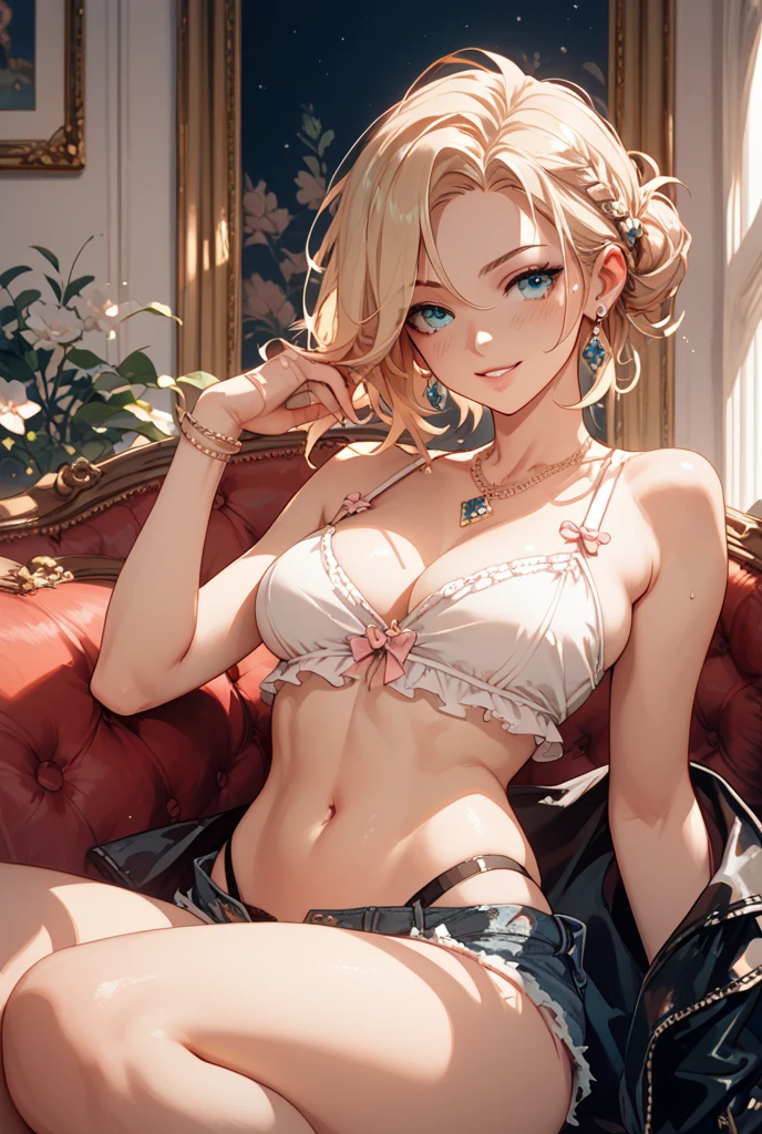 ((Browsing Caution:1.4, masterpiece, Highest quality, High resolution, 超High resolution, Pixel perfect, Written boundary depth, 4K, RTTX10.0, High resolution))), One Girl, single, alone, she, Beautiful Anime Girls, Beautiful art style, Anime characters, (((((short hair、Blonde、lure、joy))))), ((Beautiful eyelashes)), ((Detailed face, Blushing:1.2)), ((Smooth texture:0.75, Realistic texture:0.5, Anime CG Style)), ((Beautiful and large breasts, Cleavage)), indoor, Bedroom, Dynamic Angle, Big Breasts, Perfect body, Underarm, ((Sleeping in bed, (Sleep on your back:1.5), sleepy, close your eyes, Lying in bed, Sleeping posture, Wake up)), ((close, throw, cute, Shoot the body, Sighing expression)), ((pink bra color, Pink Lingerie)), (Natural light, Reflection of light, Morning Scenery), Embarrassed expression, (Expression of sexual pleasure:1.8), (Expression of unbearable pain:1.2), The expression of someone who is holding back from going to the toilet, twist, Raise your hand