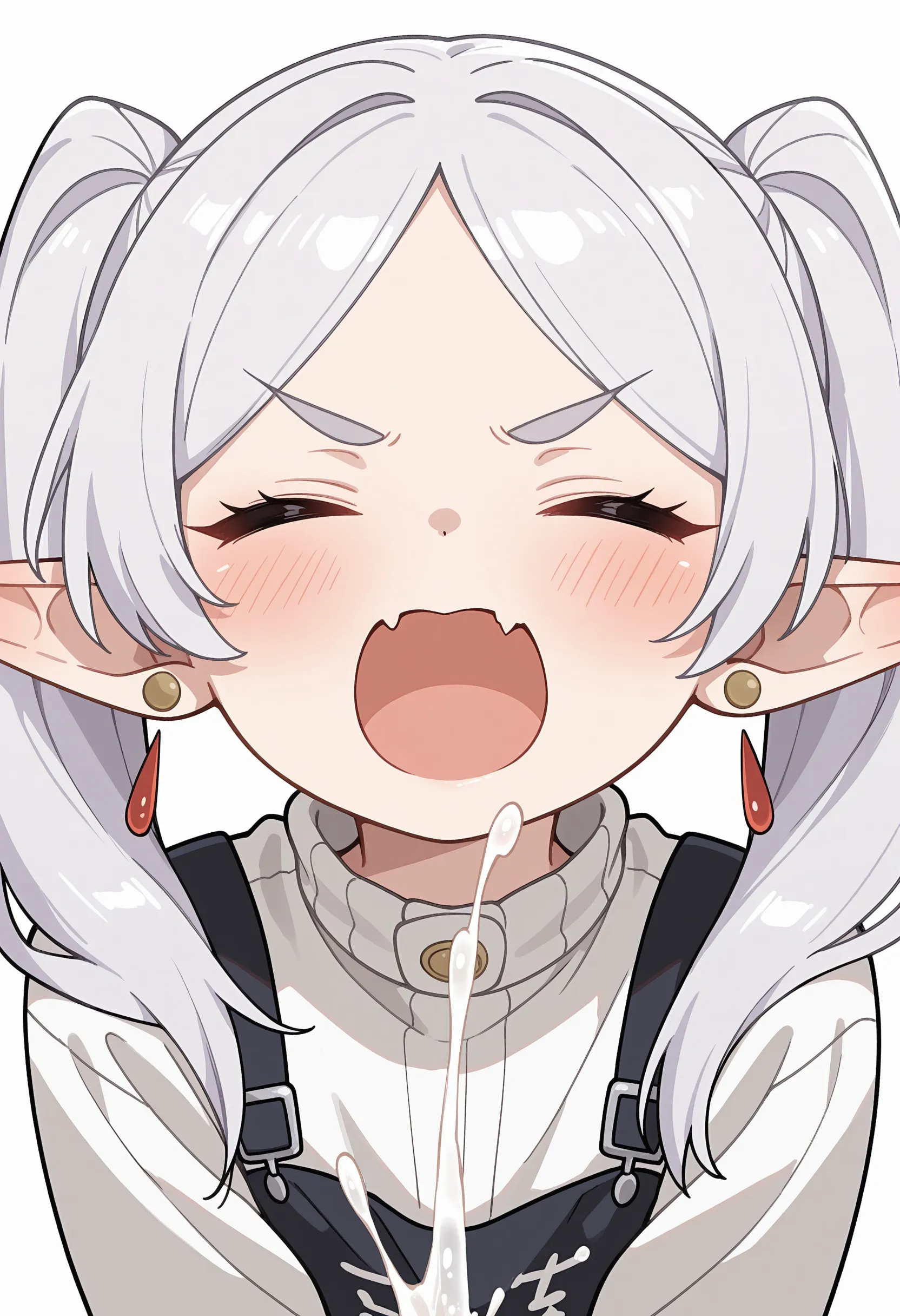 Elf anime girl, white hair, bob hairstyle, asymmetrical bangs, small breasts, wide hips, flat stomach, close-up face, wide open mouth, ??? drips from mouth onto chest, satisfied facial expression, plain background, one color background, white outline around the character