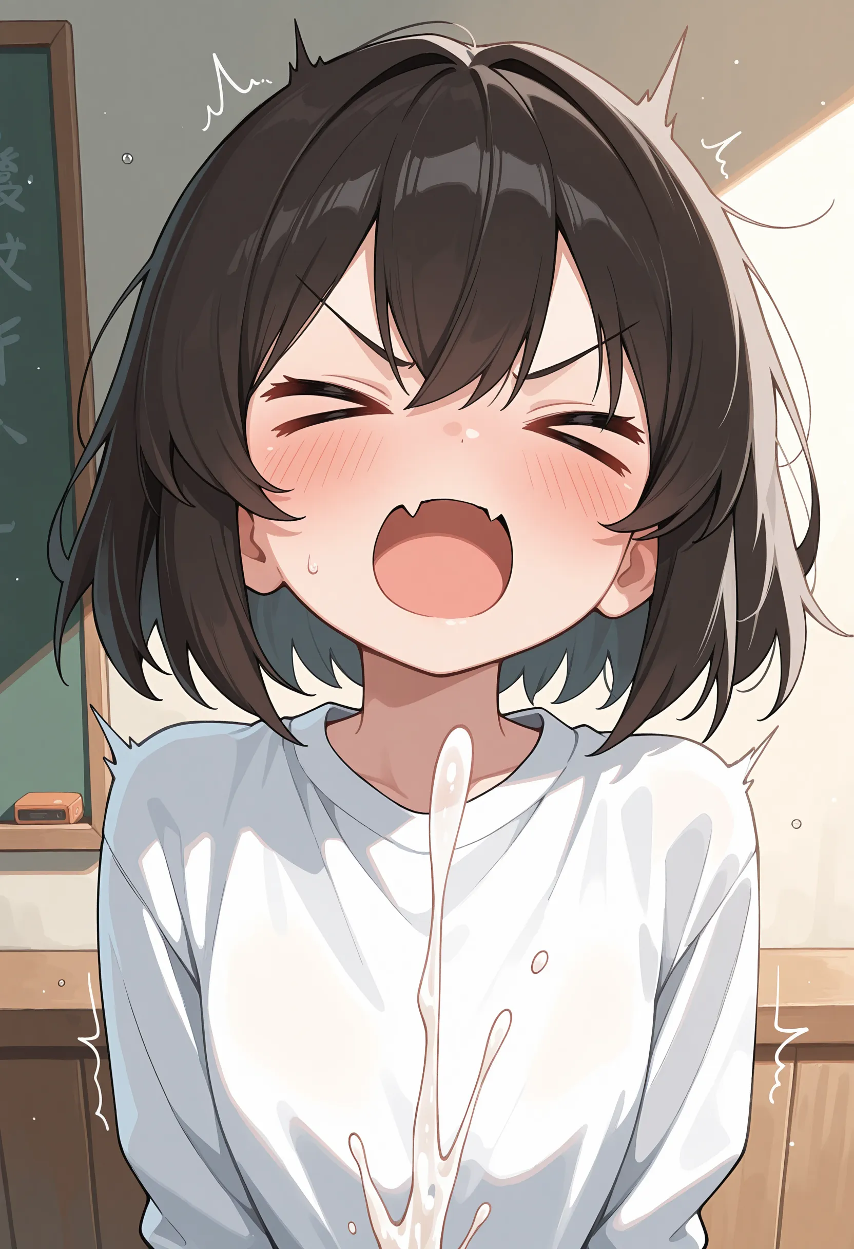 nsfw,pov,kneeling,1 girl,black hair,Tongue out,Androgynous,medium hair,sidelocks,Covered ??????,legs,masterpiece,best quality,very aesthetic,absurdres,upper body,straight-on,large,Covered,Smile,(upturned_eyes),From above,??? in Tongue,Ahegao,attractive,(???????:1.5),(happy),(Steam:1.3),(Open Mouth:1.3),(Gym Uniform),(White shirt),(heart:1.3),(trembling),(Text Background)