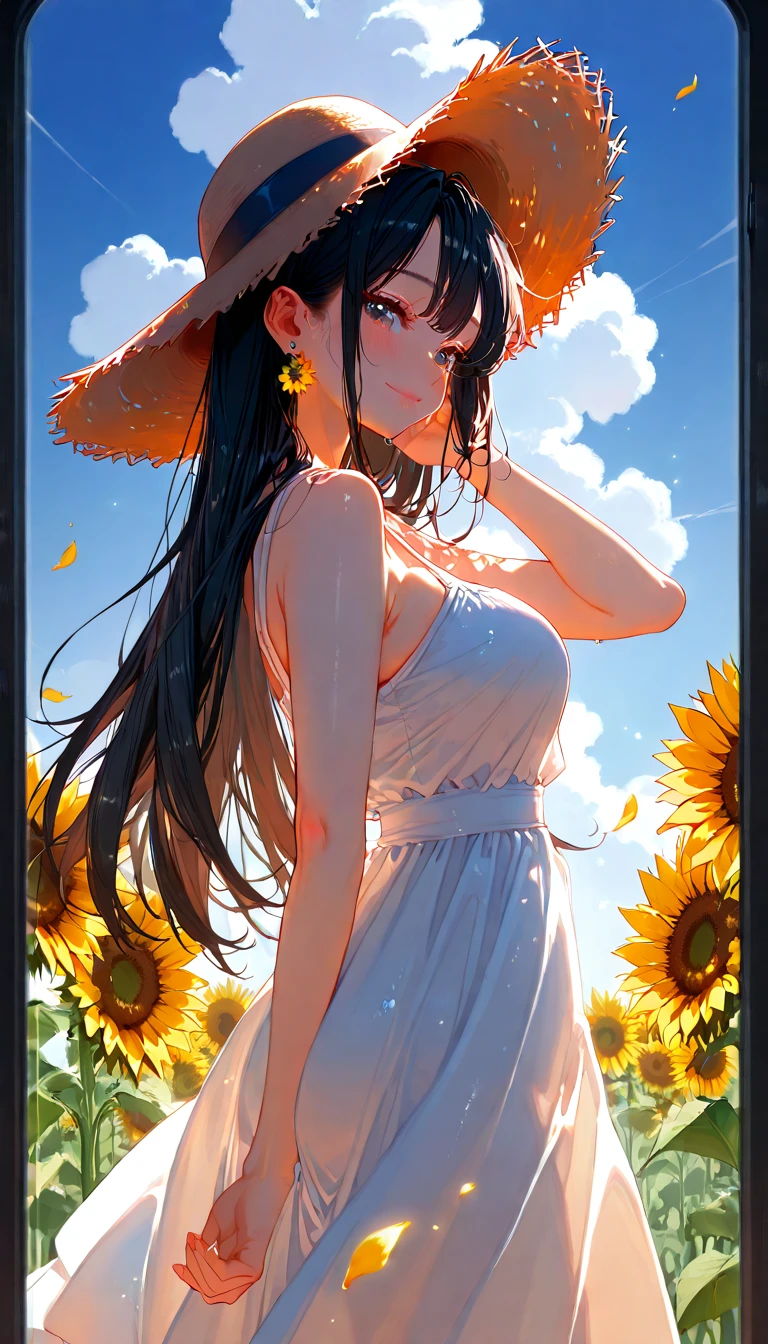 ((Highest quality)), ((High resolution)), ((masterpiece)), (detailed), (photograph), 
View your viewers, Cowboy Shot, Written boundary depth, Anatomically correct, Mature Woman, Perfect Face, Cute and symmetrical face, Shiny skin, 
(Long Hair, Light Brown Hair), Hair between the eyes, Green Eyes, Long eyelashes, (Big Breasts:0.8), 
Beautiful Hair, Beautiful Face, Beautiful details, Beautiful clavicle, Beautiful body, Beautiful breasts, Beautiful thighs, Beautiful legs,
(White dress, Straw hat), 
(Beautiful views), Sun shower, Sunflower field, Look back here, (Cute Smile), 