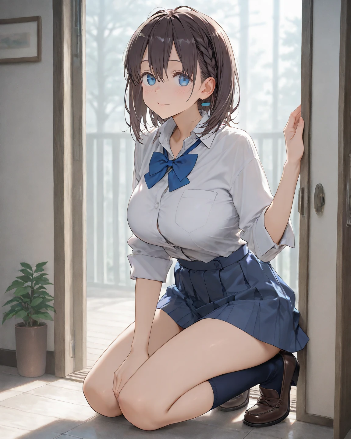 1girl, natural lighting, masterpiece, highly detailed, illustration, game CG, absurdres, high quality, aichan, large breasts, blue eyes, beautiful detailed eyes, short brown hair, side braid, glossy lips, light smile, indoors, natural lighting, sitting, (knees bent)