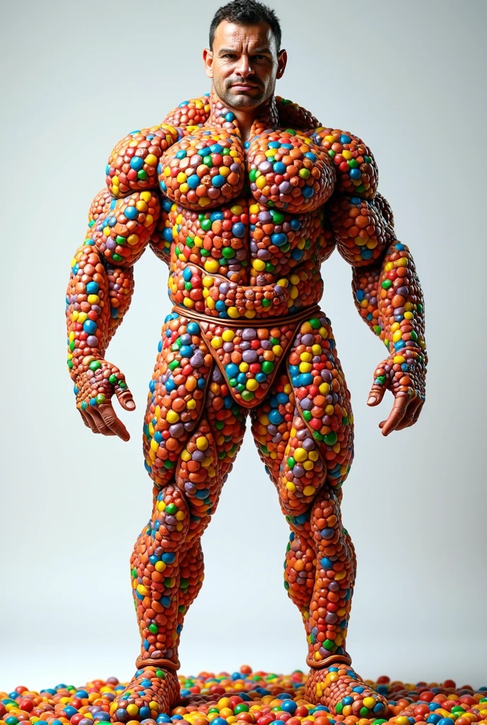 photorealistic image of a man wearing clothing made from EPCandycaneStyle, hyper detailed masterpiece, candy, festive, Christmas, jolly, awesome quality, dynamic, motion blur, full body, rule of thirds, <lora:EPCandycaneStyle:1>