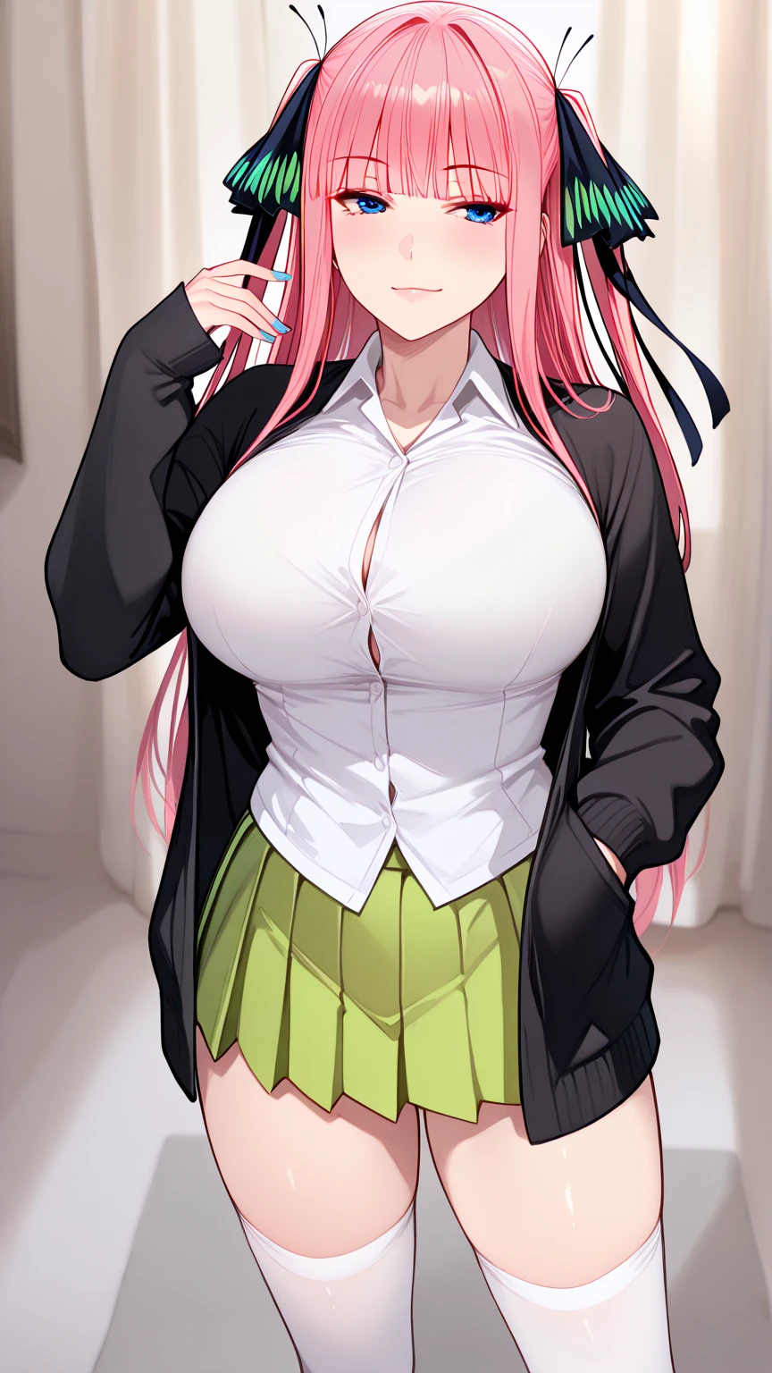 front view detailed body, long belly , Slender body, tight body , thicc, large breast, breast, long thighs, masterpiece, long hair, very long hair, ninonakano, nino nakano, long hair, bangs, blue eyes, hair ornament, hair ribbon, pink hair, blunt bangs, two side up, butterfly hair ornament,hair_between_eyes, very_long_hair, cowboy shot, front shot, looking at viewer, gyaru, 1girl, kogal, loose_socks, solo, jewelry, green_eyes, clothes_around_waist, breasts, wrist_scrunchie, sweater_around_waist, skirt, full_body, large_breasts, transparent_background, necklace, school_uniform, smile, looking_at_viewer, cleavage, scrunchie, socks, hand_on_hip, long_hair, earrings, bracelet, ponytail, shoes, loafers, v, nail_polish, sweater, green_skirt, pink_hair, Beautiful Finger,Beautiful long legs,Beautiful body,Beautiful Nose,Beautiful character design, perfect eyes, perfect face,expressive eyes, looking at viewer,(Full_body),(Focus on her face), official art,extremely detailed CG unity 8k wallpaper, perfect lighting,Colorful, Bright_Front_face_Lighting,shiny skin, (masterpiece:1.0),(best_quality:1.0), ultra high res,4K,ultra-detailed, photography, 8K, HDR, highres, absurdres:1.2, Kodak portra 400, film grain, blurry background, bokeh:1.2, lens flare, (vibrant_color:1.2) (Beautiful,large_Breasts:1.4), (beautiful_face:1.5),(narrow_waist), facing the viewer