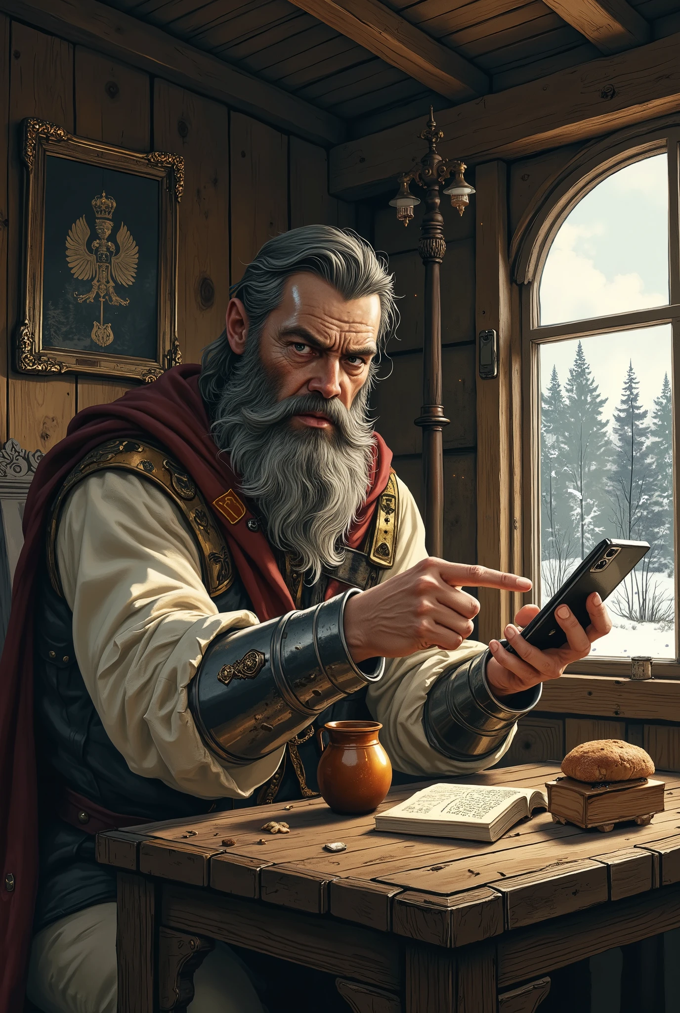 Ilya Muromets, an ancient Russian hero, sits at a wooden table in a modest peasant hut. His powerful figure, clad in a worn homespun shirt, seems too big for this simple dwelling. His legendary mace lies nearby, covered in dust, and his heavy armor hangs on the wall like a forgotten relic. He can barely hold a modern smartphone in his huge sword-like palms. His bearded face expresses a mixture of confusion, curiosity, and mild annoyance. His eyes are narrowed, his eyebrows are furrowed — he is trying to make sense of this strange device, pointing at the screen with a rude finger. On the table next to him is a clay mug with honey, a stale loaf of bread and a battered book (perhaps ancient chronicles or a collection of epics). Through the small window, you can see the snowy Russian landscape: forest and endless expanses. Image style: realistic digital painting with fantasy elements and light irony. The warm, muted color scheme, the emphasis on the contrast between Ilya's heroic might and the fragility of the technological world around him. Details: textures of wood, fabric, metal, as well as glare on the smartphone screen, which can be used to guess an open application (for example, maps or messenger). Mood: nostalgic, with a touch of comedy — a great warrior of the past, faced with the daily life of the modern world.