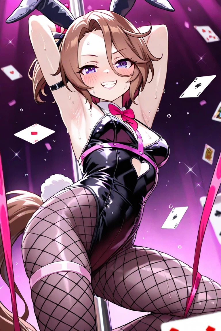 slender, mature female, card, fishnets, fishnet_legwear, animal_ears, playing_card, bunnysuit, rating:safe, bunny_ears, long_hair, leotard, pantyhose, breasts, bow, 1girl, detached_collar, holding_card, bowtie, strapless, black_leotard, solo, gloves, black_bow, black_neckwear, strapless_leotard, bare_shoulders, wrist_cuffs, looking_at_viewer, cleavage, fake_animal_ears, elbow_gloves, black_gloves, black_hair, bangs, bunny_girl, black_hairband, brown_eyes, large_breasts, cowboy_shot, eyebrows_visible_through_hair, hairband, fake_tail, heart, bunny_tail, brown_hair, tail, closed_mouth, from_above, sidelocks, medium_breasts, holding, standing, collarbone, checkered