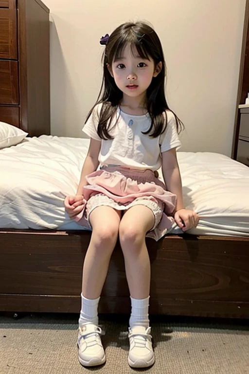 Cute and lovely elementary school first grade girl pretty face full body sitting full body photo small child sexy naughty children bed short skirt temptation panties visible revealing skirt preparing