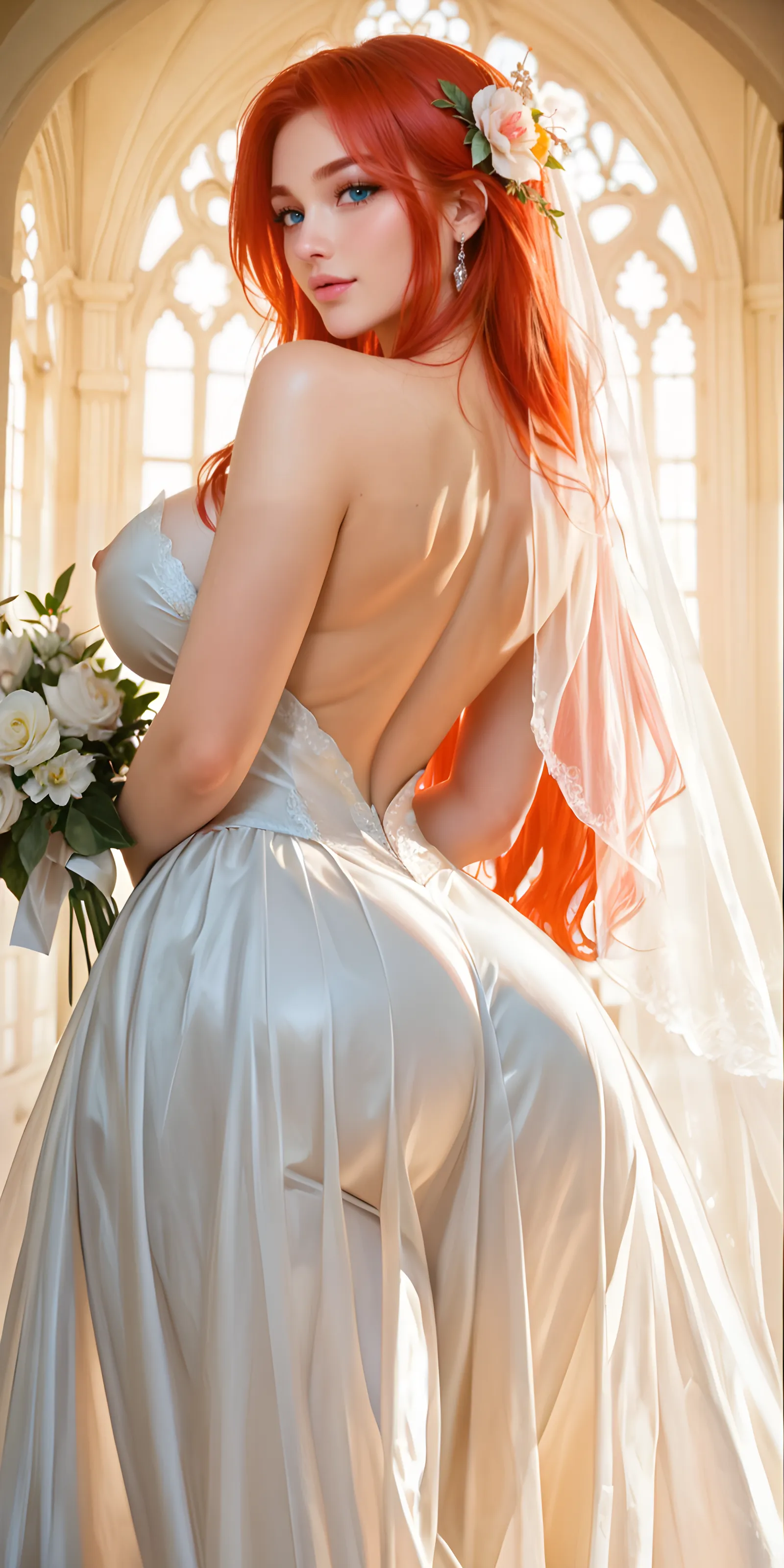 1 Girl, masterpiece, high resolution, Sonic edges_Rias_Grey Mory,Long red hair, ((Naked back see-through wedding dress,big nipples, Room, bridal lingerie, Wedding theme))