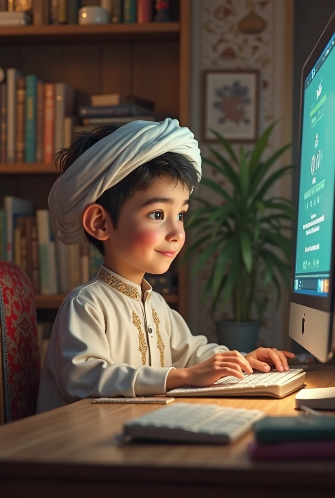A muslim boy is engaged in learning a new skill or undergoing training. They are participating in a course, reading a book, or watching educational videos online.