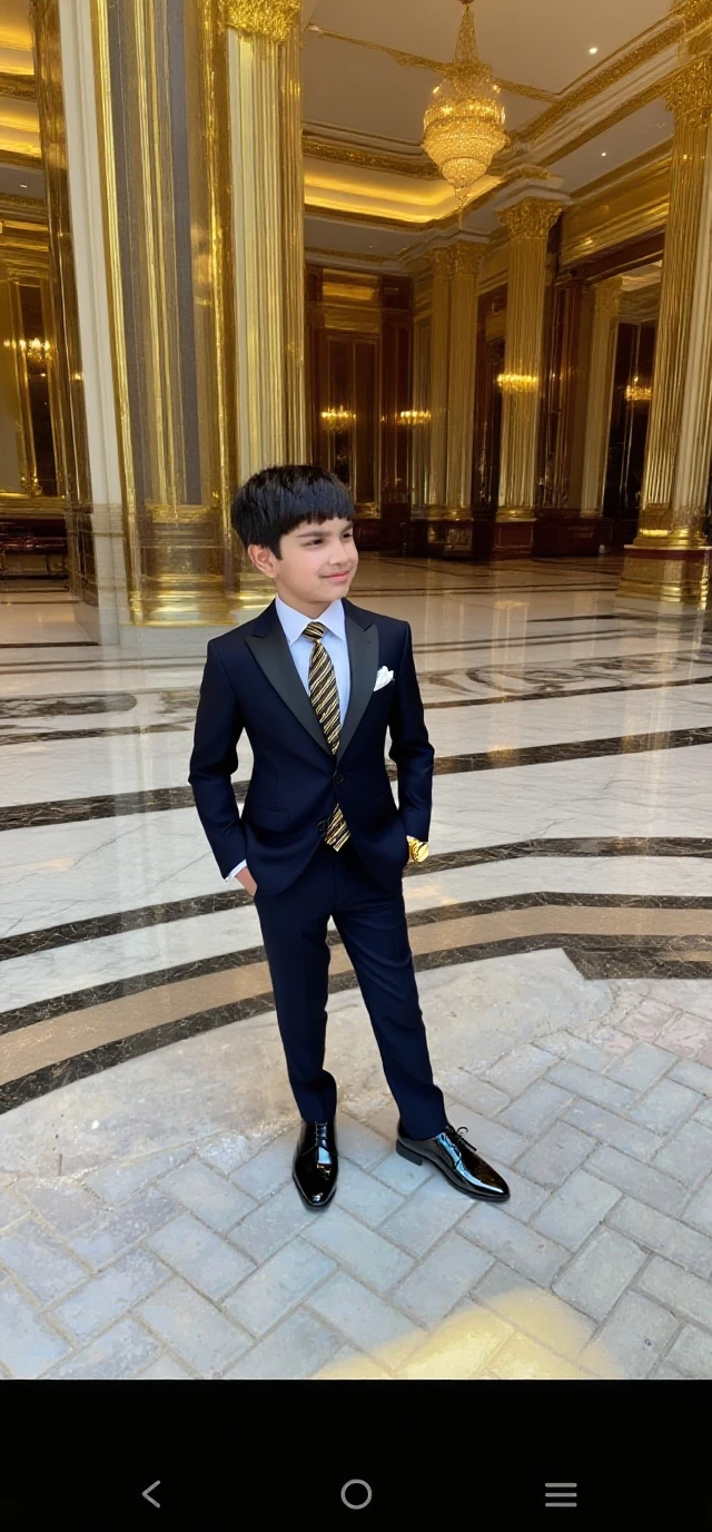 there is a young boy standing on a tiled floor with a tie, inspired by Abidin Dino, wearing , by Abidin Dino, wearing a , jk uniform, blue uniform, ismail, wearing authentic attire, potrait, plain uniform sky at the back, fullbody shot, full body photogenic shot, police man!!