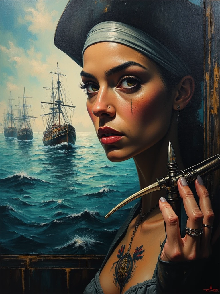 A naked pirate girl, pirate accessories, background a beach, oil painting, readhead, big hat, prone