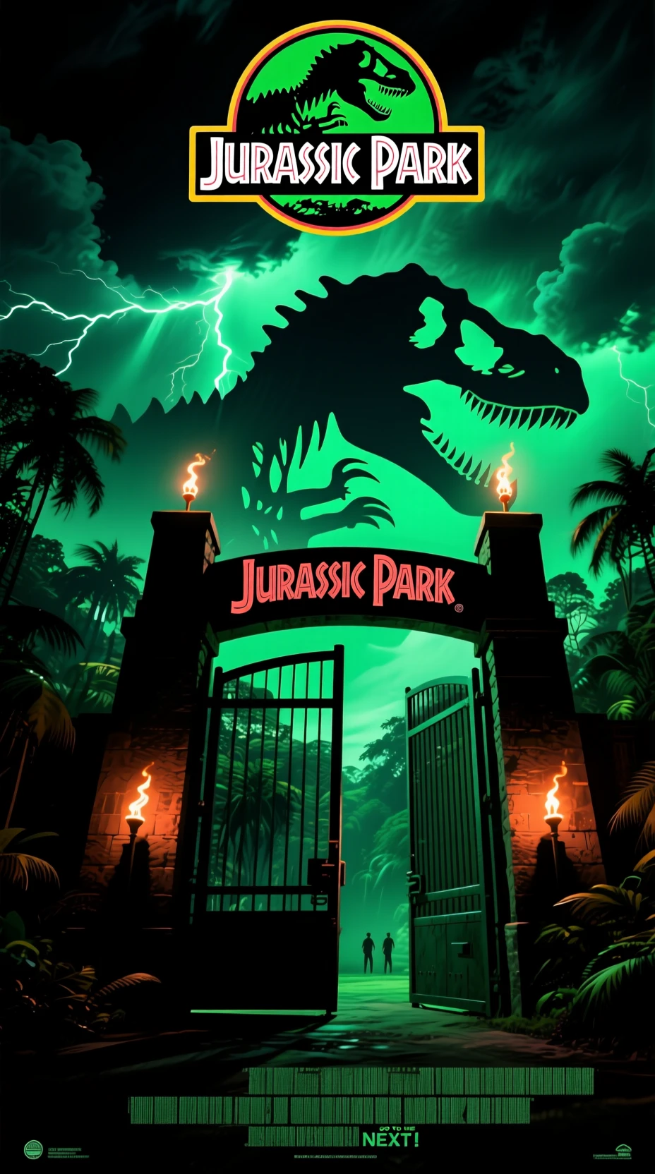 1990s style movie poster, Jurassic Park, A scene where a huge park gate slowly opens, Torches light on top of the gate、Deep jungle in the back, Dim clouds and thunder in the sky, A slight shadow of T-Rex behind the gate, The background is based on green and black and has a mysterious atmosphere, At the top"Jurassic Park"English logo of, high resolution, Poster Quality, Cinematic composition, ((no people))The shadow of T-Rex floating in the clouds//At the bottom"go to the NEXT"English logo of
