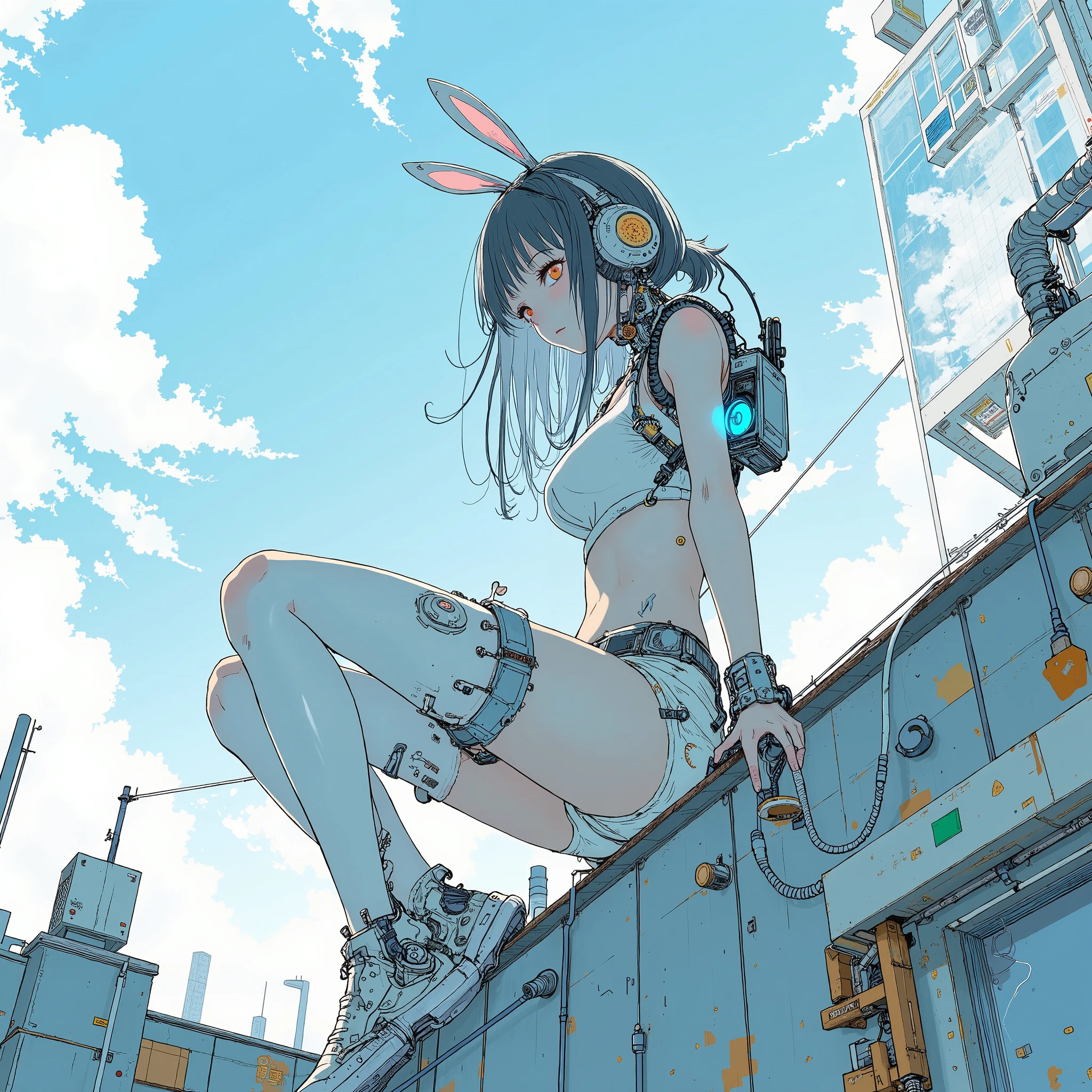 Cyborg Girl Nude、 mechanical body 、video、Picturesque posture on the roof of a skyscraper、cyberpunk style itself、Extreme Perspective、perspective、low position、Low Angle、wide-angle lens with broad skin、soft、light、lightweight、Dutch angle、Flat Anime、