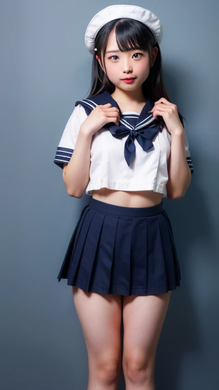 (masterpiece, highest quality:1.2), 8k, 15 years, 85mm, official art, RAW photo, スーパースリムなスレンダーbeautiful girl, (When I lift up my short navy blue skirt、full nude下Half body, I can see your crotch.:1.8)、short sleeveの白シャツ、show me your ears、naked girl photoshoot、full nude, cute face, close, Half body, Biolace, gardenia, beautiful girl, school uniform, (navy pleated skirt:1.1), tighten your waist, thighs, short sleeve,stand on the station platform, looking at the viewer, no makeup, (smile:0.4), film grain, chromatic aberration, sharp focus, face light, clear lighting, Ten generations, detailed face, background bokeh, (dark red tie:1.1)、((((((two girls))))))、((((((2人のfull nude女子高生)))))