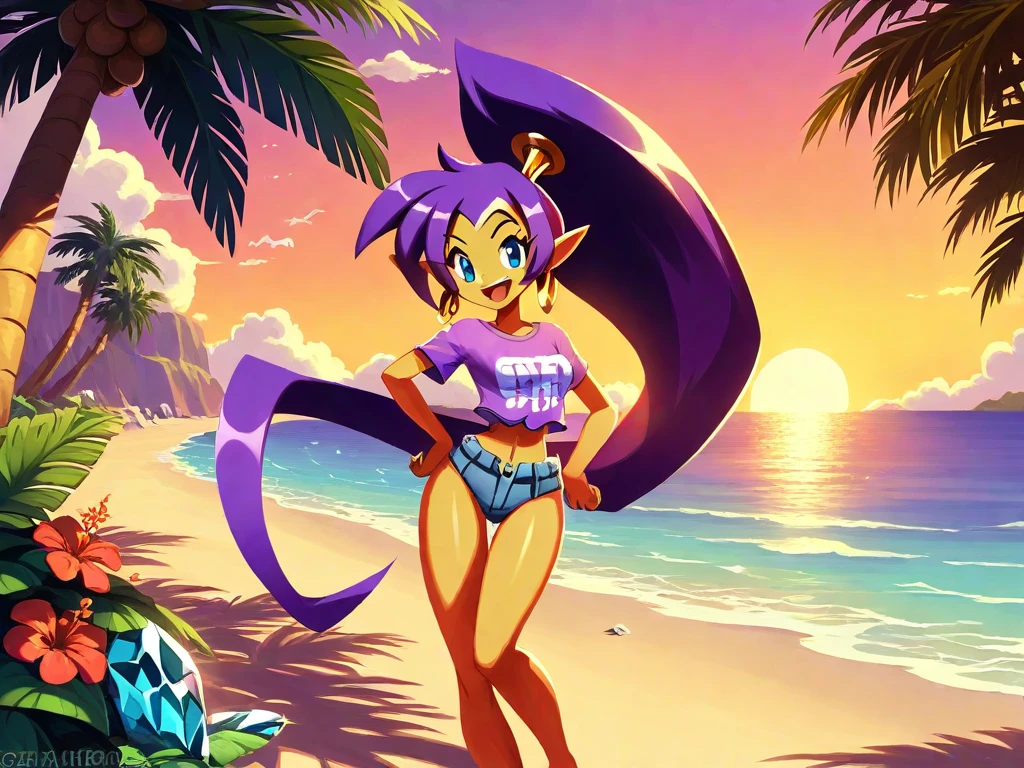 shantae \(og\), 1girl, solo, smile, purple hair, dark skin, earrings, dark-skinned female, pointy ears, blue eyes, grin, long hair medium breasts, big hair, bathing naked in a lake, exposed breasts, exposed nipples