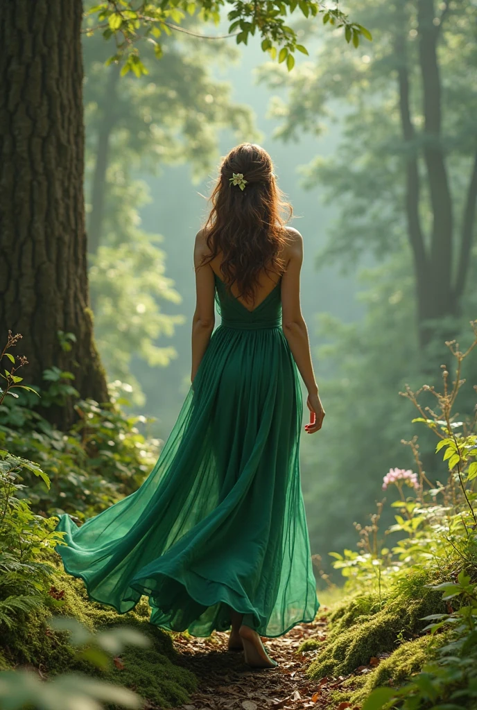 Create a video of a woman wearing a green dress walking in the forest ...