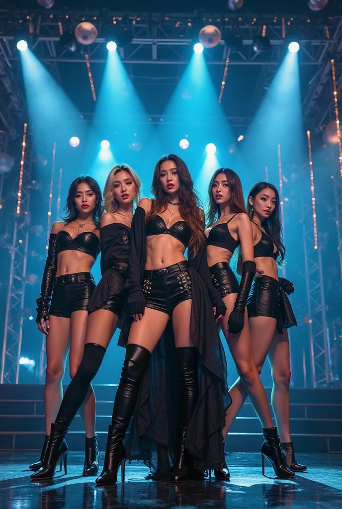 Kpop band Girl crush is doing an exciting performance on stage (4 women, exciting outfits)