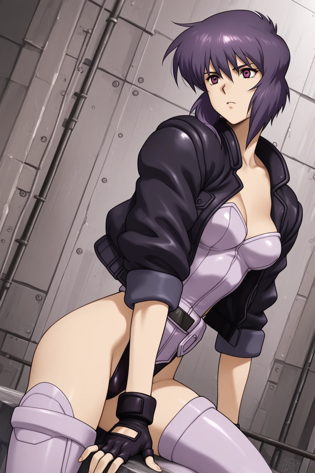 (best quality, masterpiece, perfect face, beautiful and aesthetic:1.2, colorful), (detailed), <lora:add_detail:1>, (official art, extreme detailed, highest detailed), (aakusanagi), (short hair, purple hair, large breasts, white leotard, thighhighs),<lora:kusanagi_motoko_v1:0.8>, (detailed eyes), <lora:detailed_eye:0.5>,  (ass support, shot from behind), <lora:ass_support_v0.1:0.9>