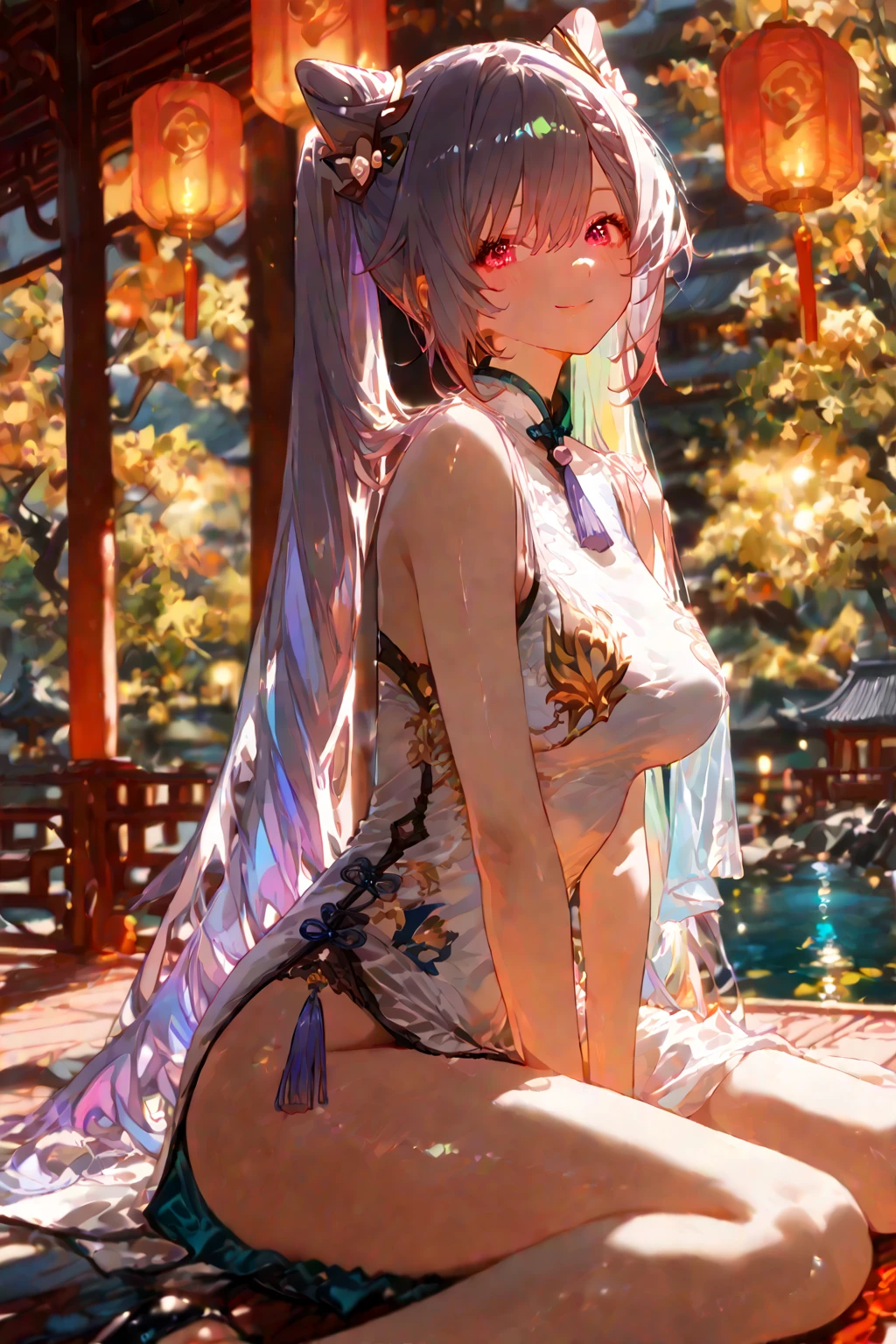 keqing_\(genshin_impact\), hiten kei style, detailed background, masterpiece, hyper realistic, realistic skin, best quality, 1girl, lakeside, medium breasts, huge nipples, erect nipples, looking at another, topless, full body, vector illustration, nipples, light smile, blunt bangs, long hair, stomach, navel, bare shoulders, purple hair, twintails, wet, soaked, raining, sarong, loincloth, black pantyhose, red tassel, magnolia leaves, autumn, sky, hands up, arched back, stretching, open mouth, bored, waterfalls, cliffs, falling leaves, resting, holding a sword, wet body, posing