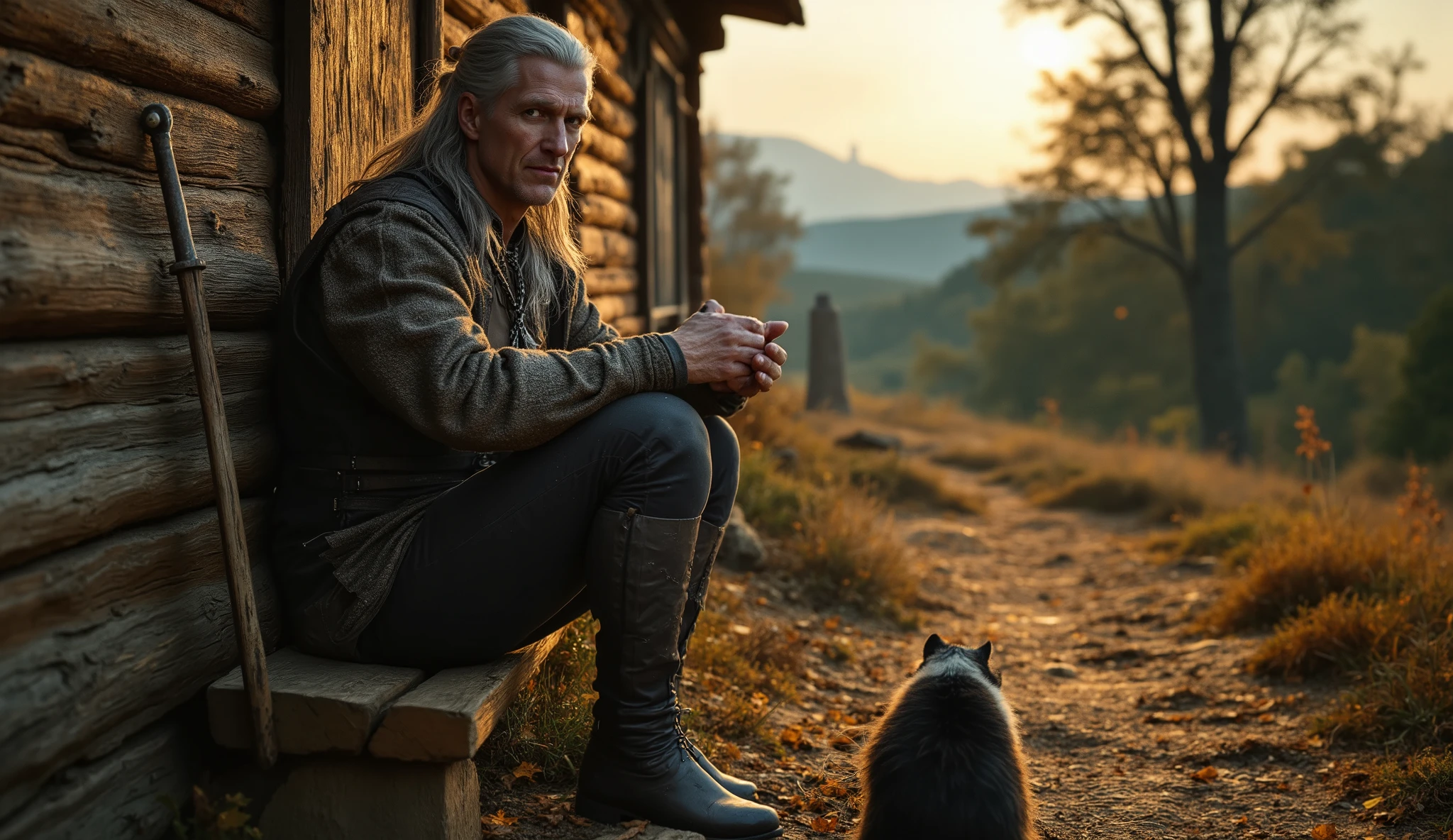 An older man in his late 60s with long, silver-streaked hair tied loosely at the back and a weathered, lined face sits on a tree log outside a small wooden cottage at the edge of a quiet forest. His broad shoulders are wrapped in a simple wool cloak, and his leather boots are cracked from years of wear. A worn steel sword, dulled and unused for years, leans against the wall beside him, its hilt wrapped in fraying leather. He sits on a rough bench, sharpening a small kitchen knife for preparing the evening meal, a black-and-white barn cat curled on his lap. In the distance, the faint smoke of a village chimney rises into the cool autumn air. The light is golden and soft, the world calm — a far cry from the days when he roamed dangerous lands. His pale, piercing eyes still hold the alertness of a man who’s seen too much, yet his expression is at peace. facing camera.old weathered face,
aidmafluxpro1.1,perfection style,g3ral7,leather armor,heavy leather armor,silver wolf pendant,