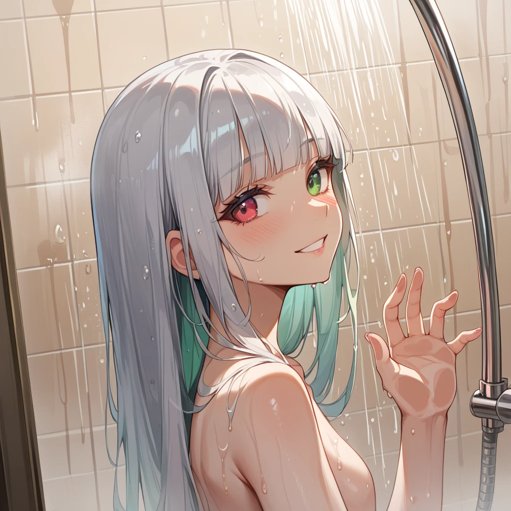 2girls , tiny kids , one girl is tiny Chibi , large head , smiling , short torso , slim body , tanned Skin ,in the shower room , perfectly naked , (red cheek) , ((perfectly_bare)) , wet_body , (((Wet_body_with_White_liquid))) , (kissing) (((cum_on_Face))) , facial