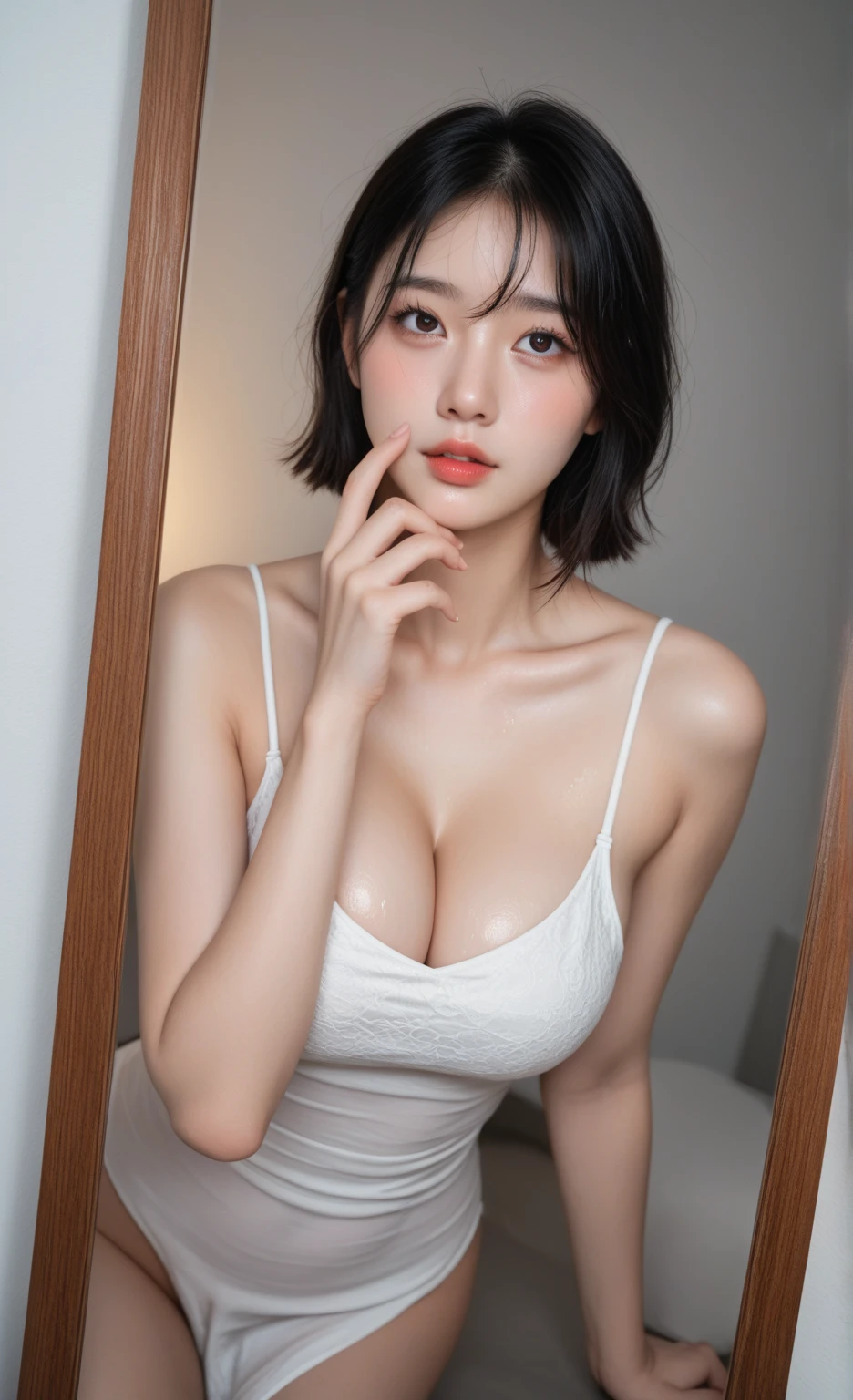 (8k, RAW photo, photorealistic:1.25) ,( lipgloss, eyeslashes, gloss-face, glossy skin, best quality, ultra highres, depth of field, chromatic aberration, caustics, Broad lighting, natural shading, Kpop idol) Watch the audience with serenity and goddess-like happiness，huge tit