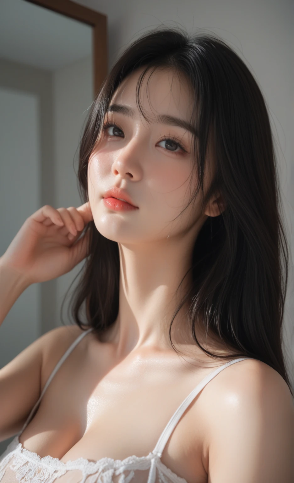 best quality, very detailed 티커 통합 8k 벽지, face light, movie lights, 1 girl, korean girl, very beautiful face, (photo realistic:1.4),(masterpiece, 4K, best quality, very detailed), pictorial, photography, photo현실적인 eyes, very detailed 얼굴, detailed lips, Ordinary Hand, shiny lips, glossy face, pale milky white porcelain skin, smooth translucent white skin, Skin care brand photo shoot, Woman with porcelain skin, diffused natural skin glow, soft porcelain skin, translucent white skin, Just yoon, clear face and body skin, Skin care, white porcelain skin, ((Looking at the front camera as if taking an ID photo.)), ((V-neck T-shirt:1.2)), ((black hair:1.3)), Comfortable cardigan
