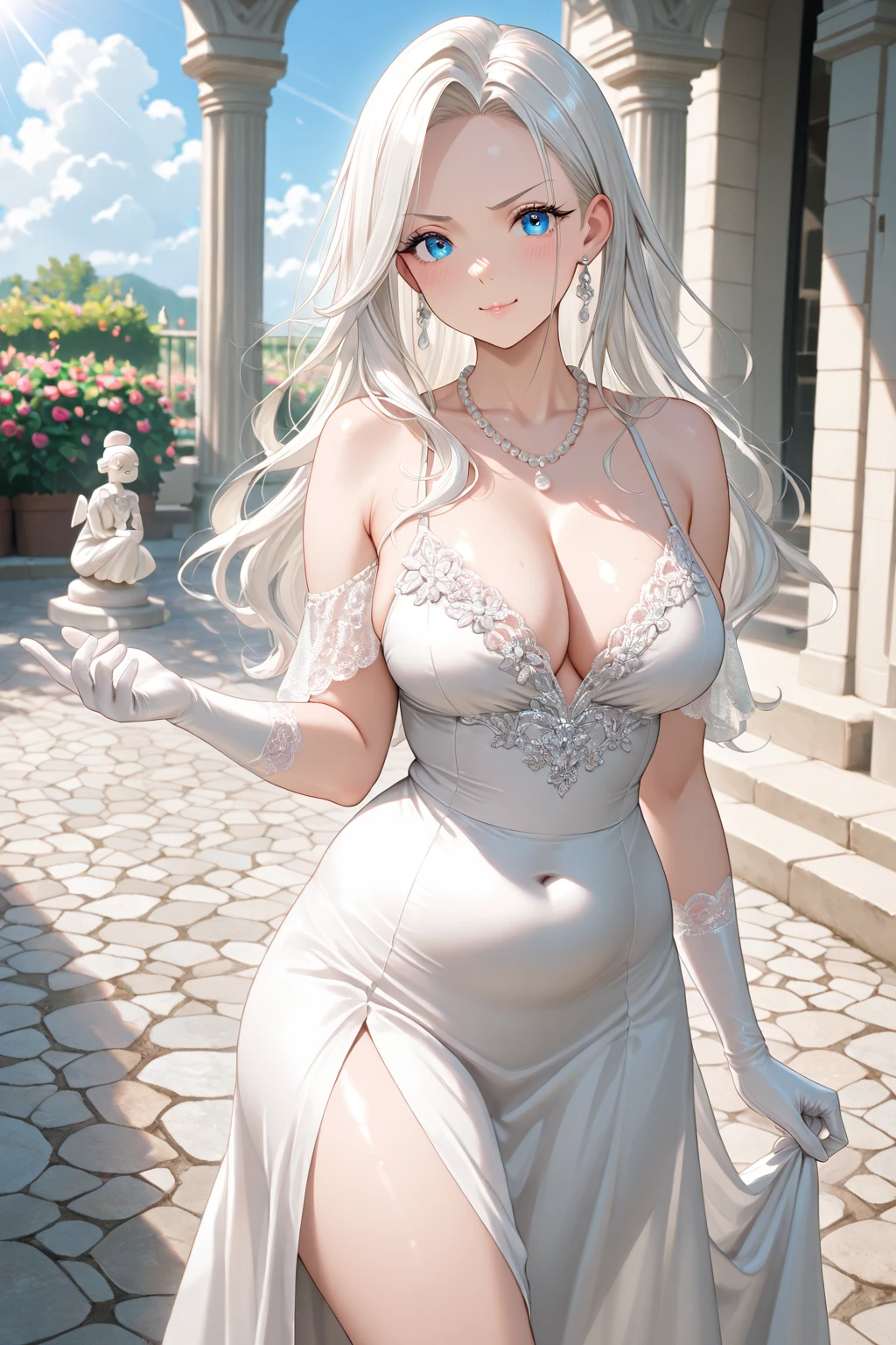 A woman wearing a luxurious silver dress, with an iron cross necklace around her neck, exposed shoulder, big breasts, silver heels, silver hair, long hair, smiling, burgundy eyes, big breasts, walking outside a luxury mansion, close view, luxury marble floor, luxury garden..,UHD, prime work, accurate, anatomically correct, textured skin, super details, high quality, best quality, 8k, high resolution, bokeh effect . (woman alone)
