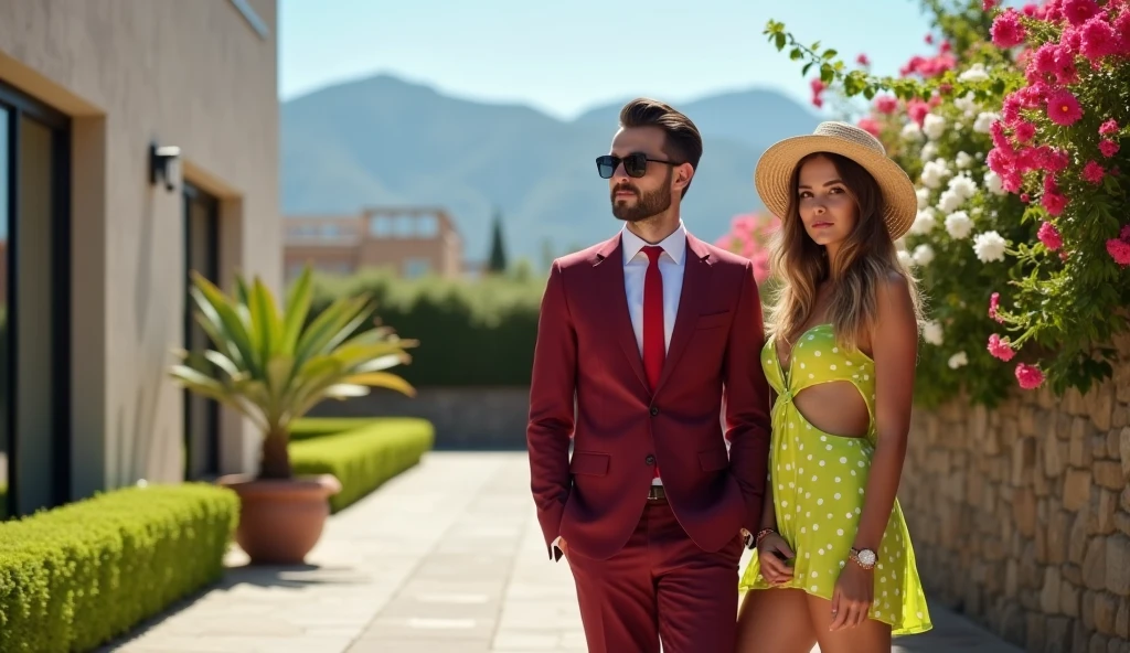 80s style,A group of fashionable people,In the villa garden,reunion,Reception,wine,Wine Tasting,Suit,High heel(Rich details),(Best quality),Film Style