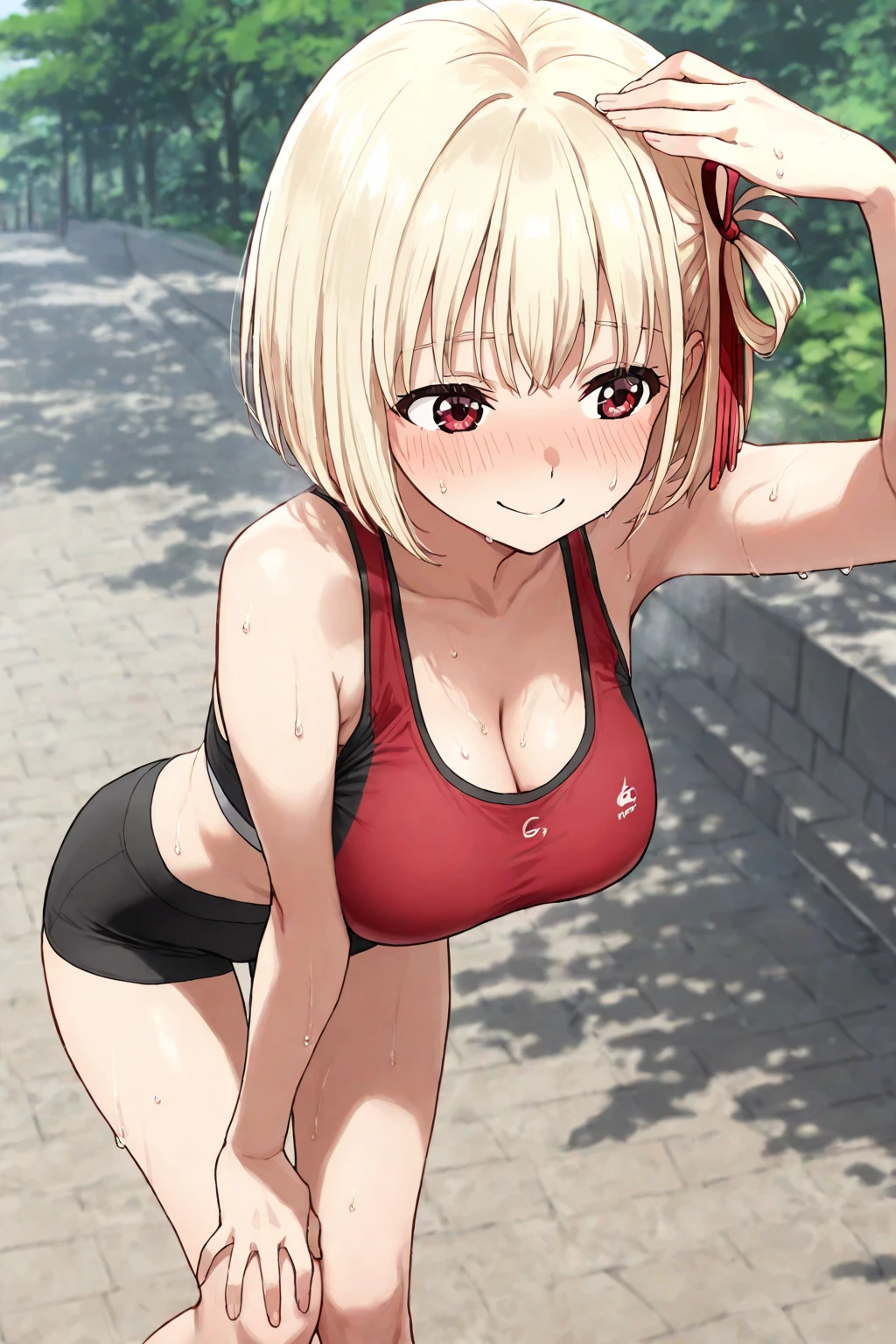 1girl,alone,chisato nishikigi,masterpiece,best quality,high resolution,looking at viewer,detailed,detailed eyes,short hair,dull blonde hair,headband,large breasts,medium waist,wide hips,wide thighs,body curvy, dynamic pose, bare shoulders, sportswear, sports bra, sports shorts, black shorts, crop top, red shirt, zipper, abdomen, red buruma, thighs, smile, open mouth, position, arms behind the back, looking towards back, from behind, focus on ass, pov(from below), standing outdoors, cherry blossoms,