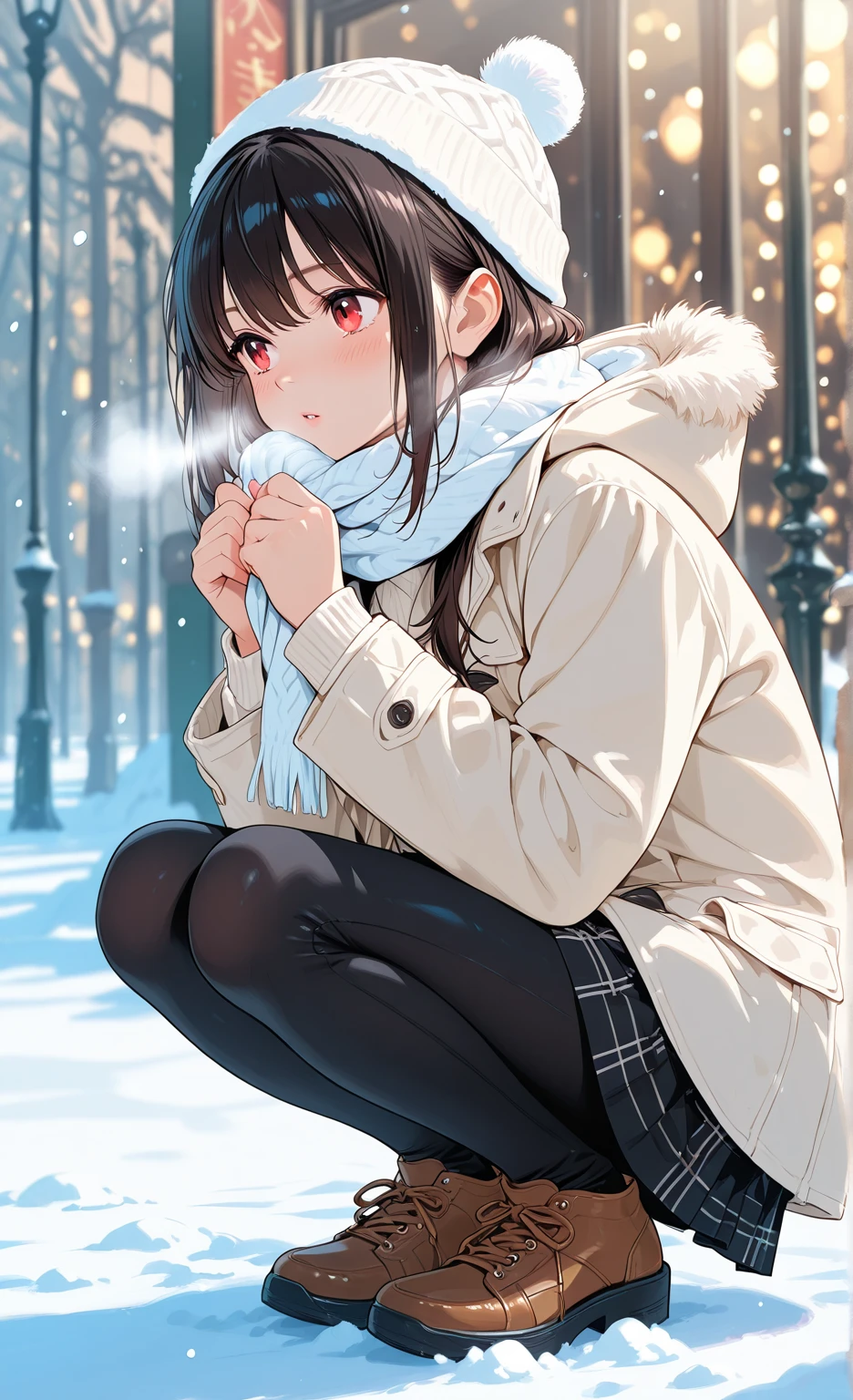One Woman、beautiful girl、after school、evening、high school girl、Academy、Back of the school building、Schoolyard、winter、Under a big tree、It's snowing、Snowfall、Blazer uniform、Pleated skirt、Duffle coat、Black Pantyhose、Long Hair、Wearing a scarf、Highest quality, Thick thighs、Big 、Big Ass、Black Hair、Squatting with legs apart、Sweaty pantyhose、Acme Face、Playing with crotch area with hands、Love juice