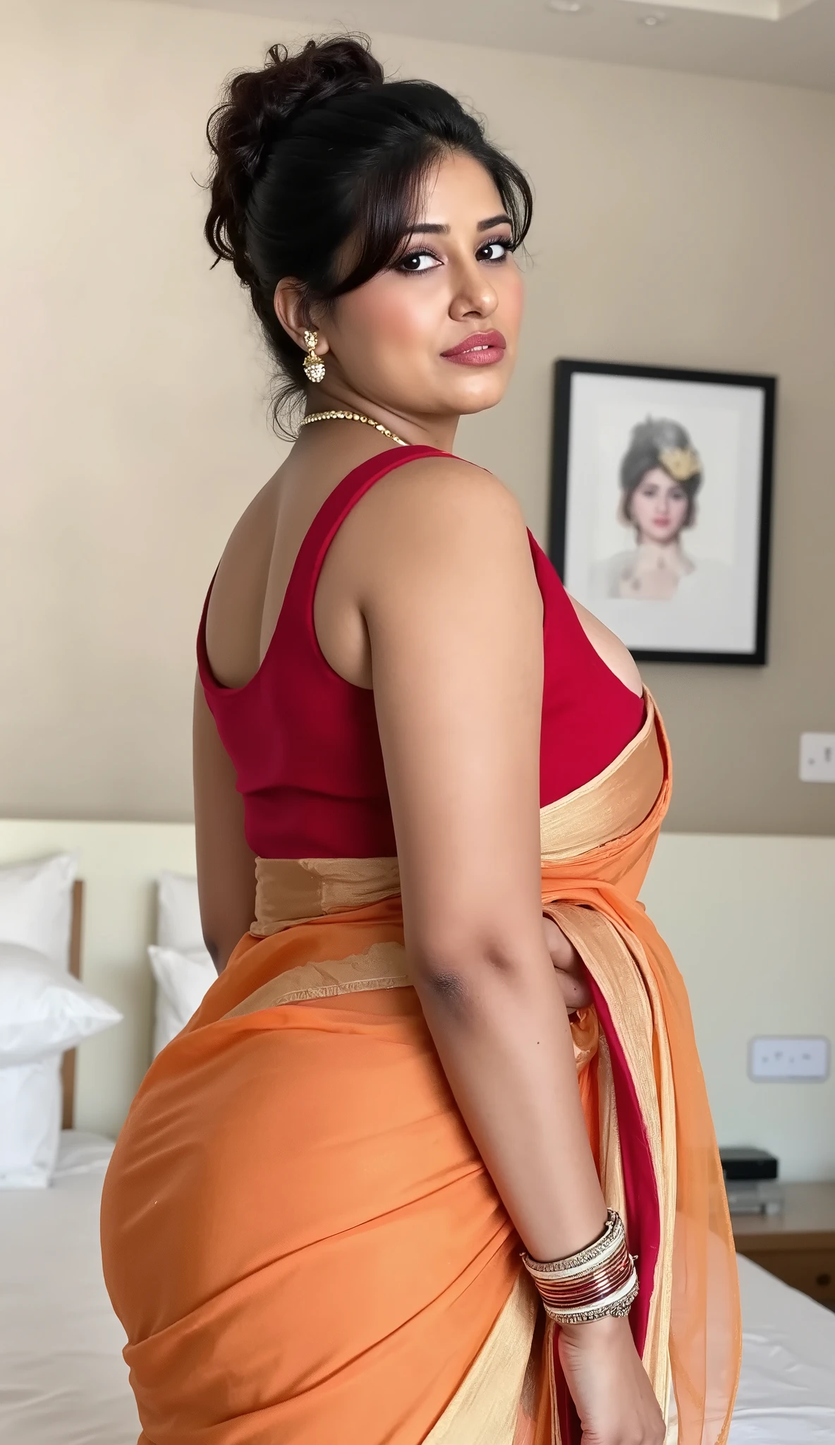 Fit, Orange transparent saree, Tight on breast Red glossy strapless blouse,VEIL, Big lips, full body picture , Moaning facial expressions,Mouth slightly open and expression like moaning,Bindi on forehead,BBW Wet curvy, wet Desi woman showing her big ass in sexy THONG pattern sexy lingerie and showing cleavage and in nose ring, many red and white bangles in hands,earings, necklace ,lipstick ,navel,Indian, Chubby, showing her curves, in bedroom and STRAP IN NECK. Indian married woman, Perfect hands