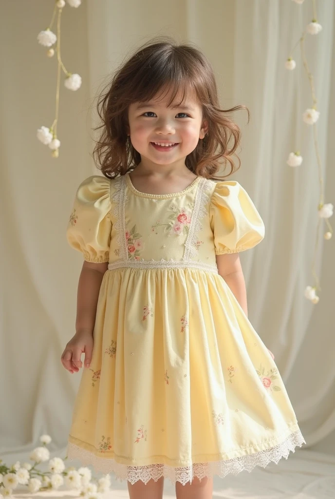 Fashion photography of children, yellow plaid dress, strong sense of design, middle ground, 8-year-old girl, little girl from England, shoulder-length hair, hair accessories, delicate skin, happy laughing, simple background, high texture, colorful backlight , studio professional lighting