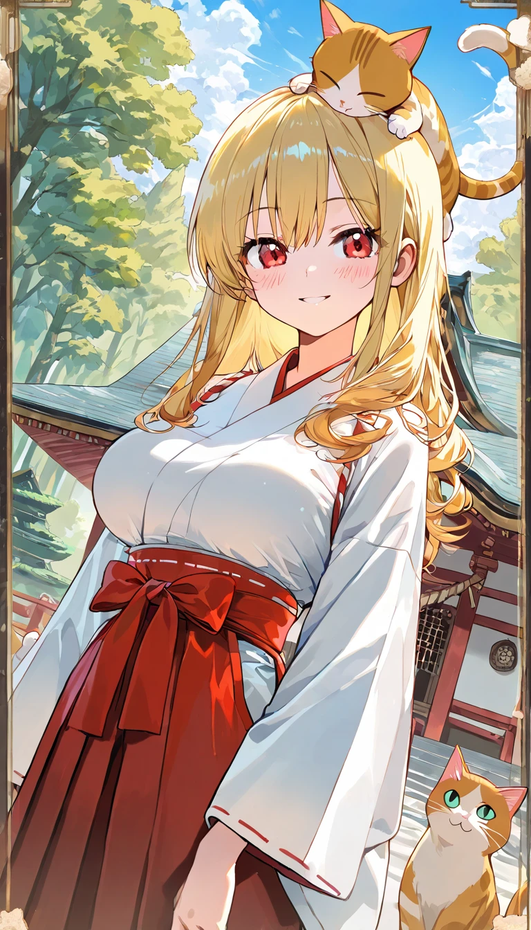 (beautiful girl : 1.3),1 girl,(ARW),(White and red hakama),blonde,Wave Hair,Smile Yan,embarrassing,Blush,Standing,Blue Sky,cloud,shrine,stage,forest,lots of cats,Pat the cat's head ,Dynamic Angles,masterpiece,Highest Quality,Rich Contrasts,high image quality,8k,High Definition CG Unit Wallpaper,Textures,unbelievably absurd,RAW pictures,Deep Border 1 .2,very detailed