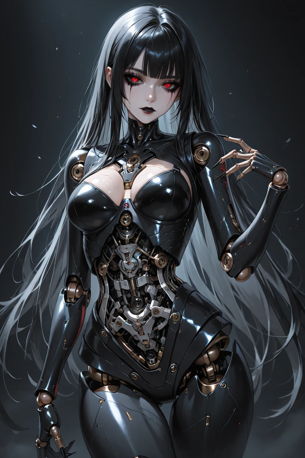 top-quality、masterpiece、超A high resolution、(Photorealsitic:1.4)、Raw photo、女の子1人、Black hair、glowy skin、1 Mechanical Girl、((super realistic details))、portlate、Global Illumination、Shadow、octan render、8K、ultrasharp、Colossal tits、Raw skin is exposed in cleavage、metals、Details of complex ornaments、face perfect、Gothic Lolita details、Analog Meter、Hydraulic cylinder、highly intricate detail、Realistic light、CGSoation Trends、green colored eyes、radiant eyes、Facing the camera、neon details、Mechanical limbs、blood vessels connected to tubes、mechanical cervical attaching to neck、sitting on、Wires and cables connecting to the head、Small LED lamp、Image of AI、The background is the server room、TOKYOcty、jpn、