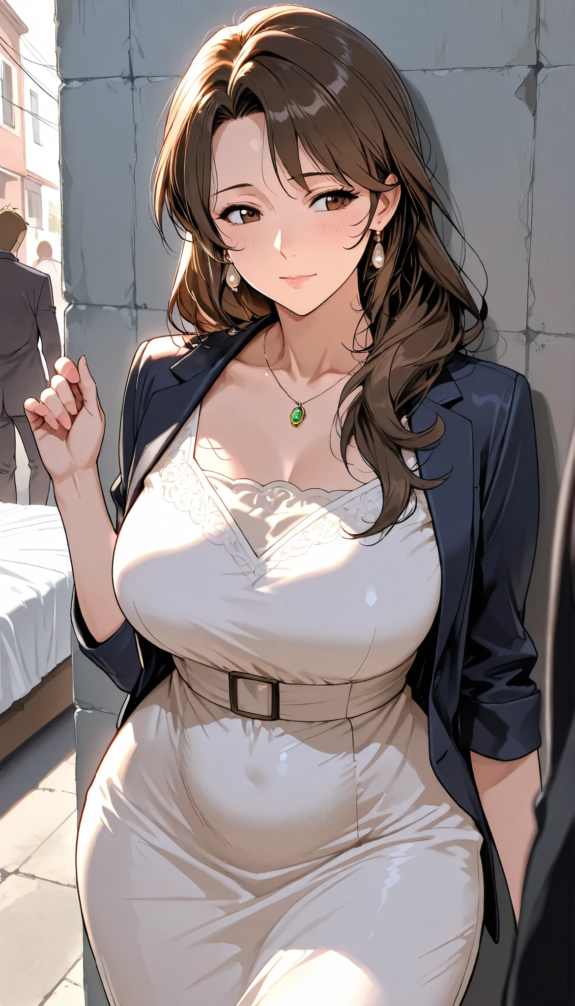 Pressed against a wall, At the back of the alley, score_9, score_8_up, score_7_up, score_6_up, score_5_up, score_4_up, mums, brown eyes, brown hair, Long Hair, medium chest, white dress, earrings, jacket , The captivating expression of gemstones,(masterpiece), high quality, very detailed,(One Girl), very aesthetic, Dumb Dress, Source_anime, Tag 1 , Tags 2 , high resolution, 8k, 超high resolution, Cheating on Older Men, professional quality, perfect contrast on the Tentacle bed, perfect lighting, anatomically accurate, wide hips, huge ass, sensual woman, Mature Woman, Motherhood, Attractive Break Face Focus, detailed facial focus,My skirt is rolled up and my penis protruding from behind is inserted Beautiful woman feeling dye your cheeks