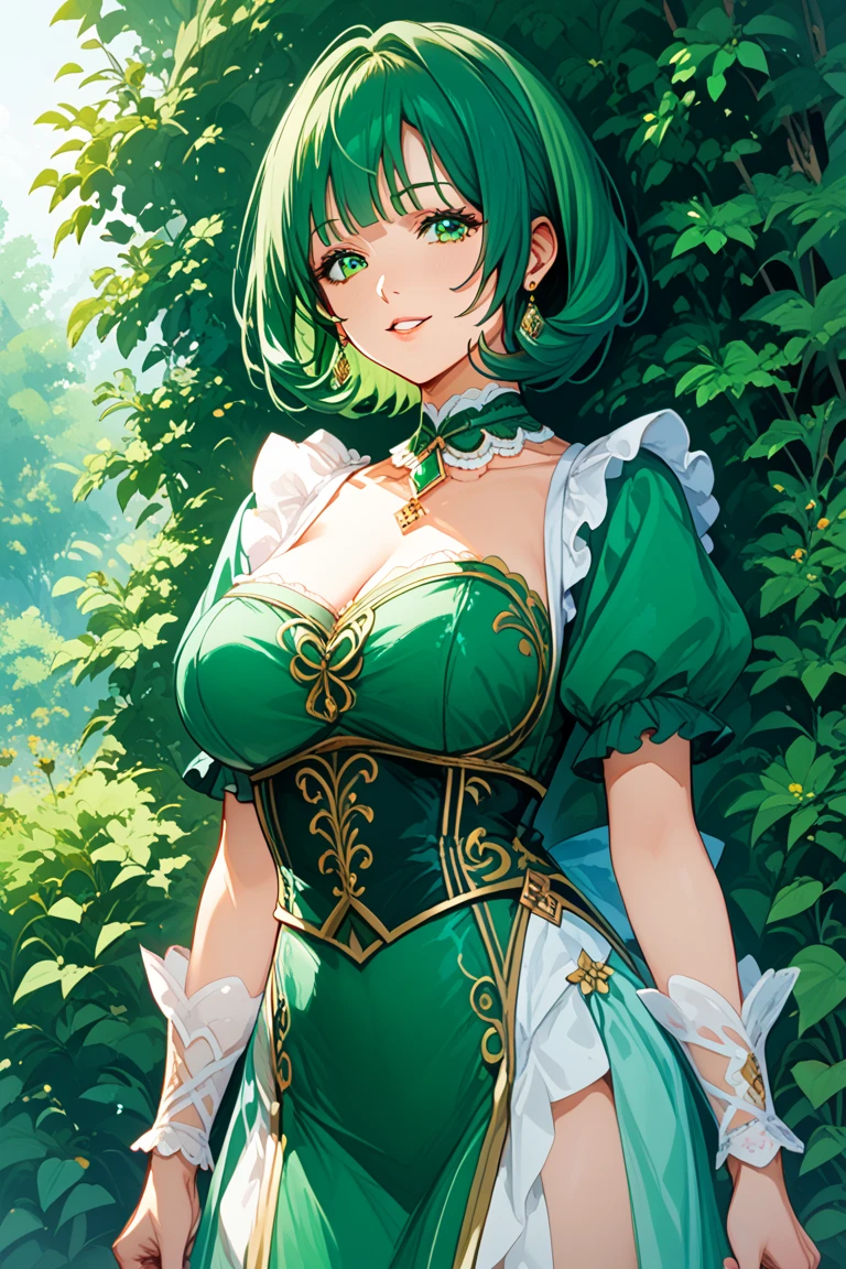 (Fantasy:1.4), (anime), ((Highly detailed 8K illustrations)), High resolution, (Highly detailed and beautiful backgrounds), Ultra-precision coating, Professional Illustration, Ultra-precise depiction, Ultra-detailed depiction, (beautifully、aesthetic:1.2), High resolution, (Written boundary depth:1.4), (girl), (bad no tabi), (bad \(bad no tabi\)), a bit, Big green ribbon on head、Big Ahoge、Green Hair, Green Eyes, kind, Small breasts, short hair, Green Uniform、,tie, , White shirt,  smile, Character Focus,Huge Ass、Protruding、Swimwear、naked