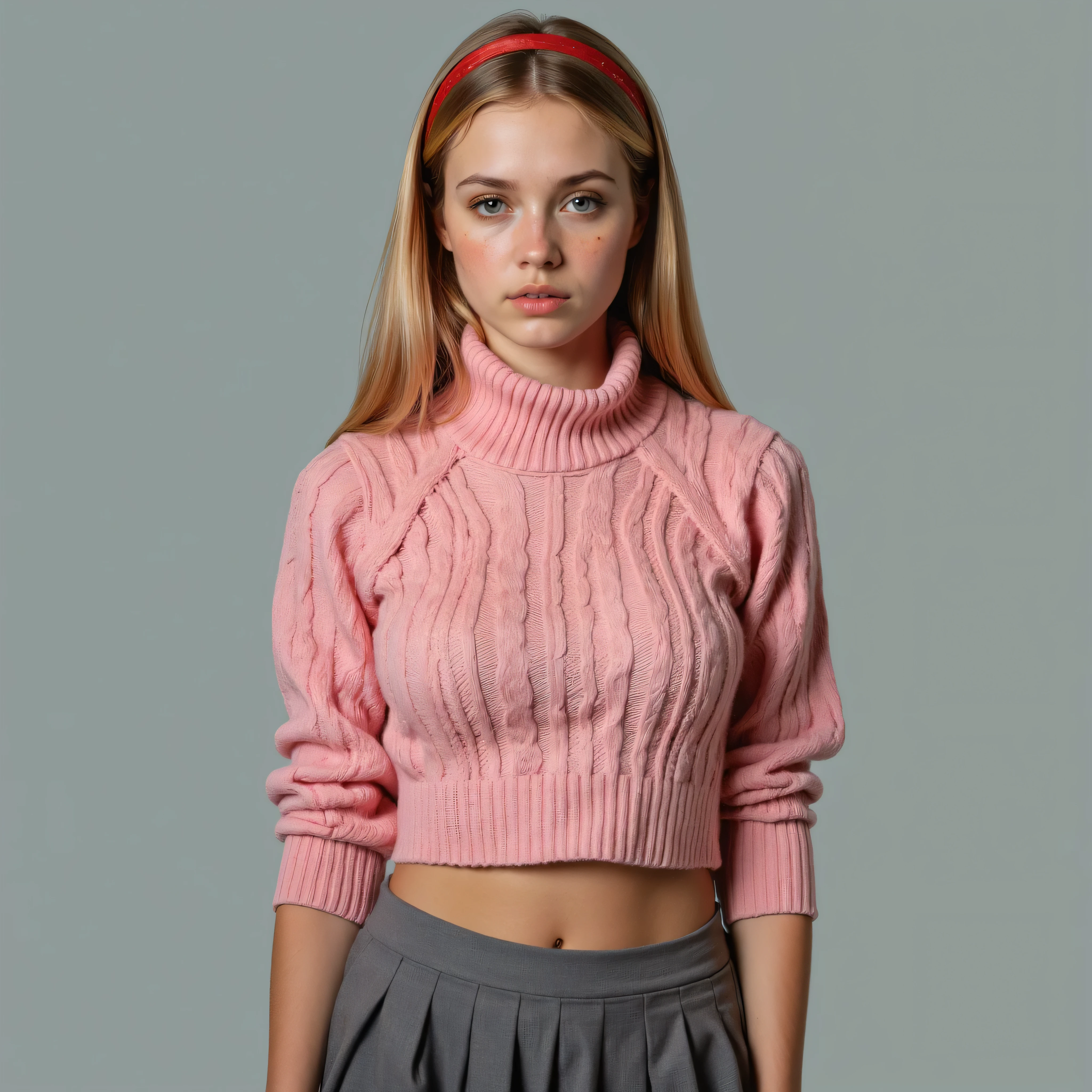 A realistic, high resolution photograph of a beautiful young woman full body frontal view with her arms at her sides looking at the camera. There is extra space in the photo above her head. She has a petite, hourglass figure with small, rounded breasts, medium hips, and a slim waist. She has long straight strawberry blonde hair with a middle part and a red plastic hairband. Her hair has naturally blonde roots. She has grey eyes and freckles. She has a beautiful, sensual face, a small nose and a short, thick neck. Her lips are open and she has an anxious expression. She is dressed in a pink thick Irish cord stitched pullover turtleneck sweater and a grey pleated skirt. You can see the rounds of her breasts beneath the clothing. There is no one else in the photo. There is extra space above the subject’s head and centered composition — suitable for magazine-style layout or cinematic framing.