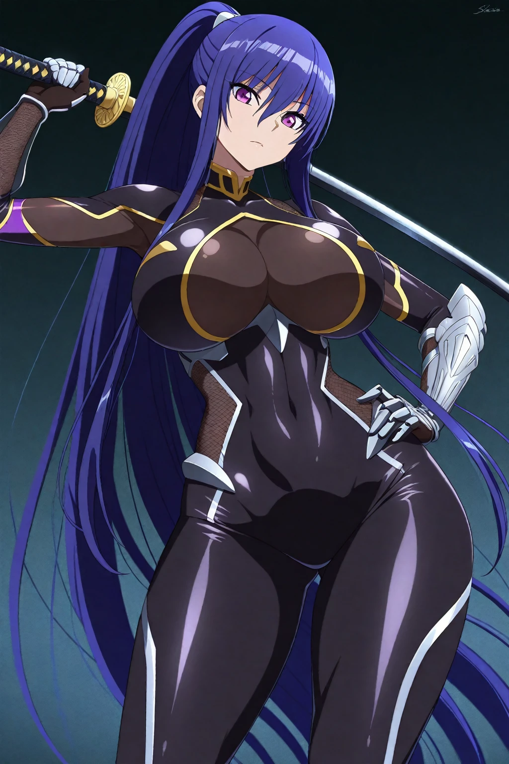 Delta <lora:Delta - NOxT:0.9> , young beautiful woman, 1woman (wolf ears:1.1), (black hair, long hair), purple eyes, midriff bodysuit with open belly, navel, forest, realistic, black tail, (night:1.1)