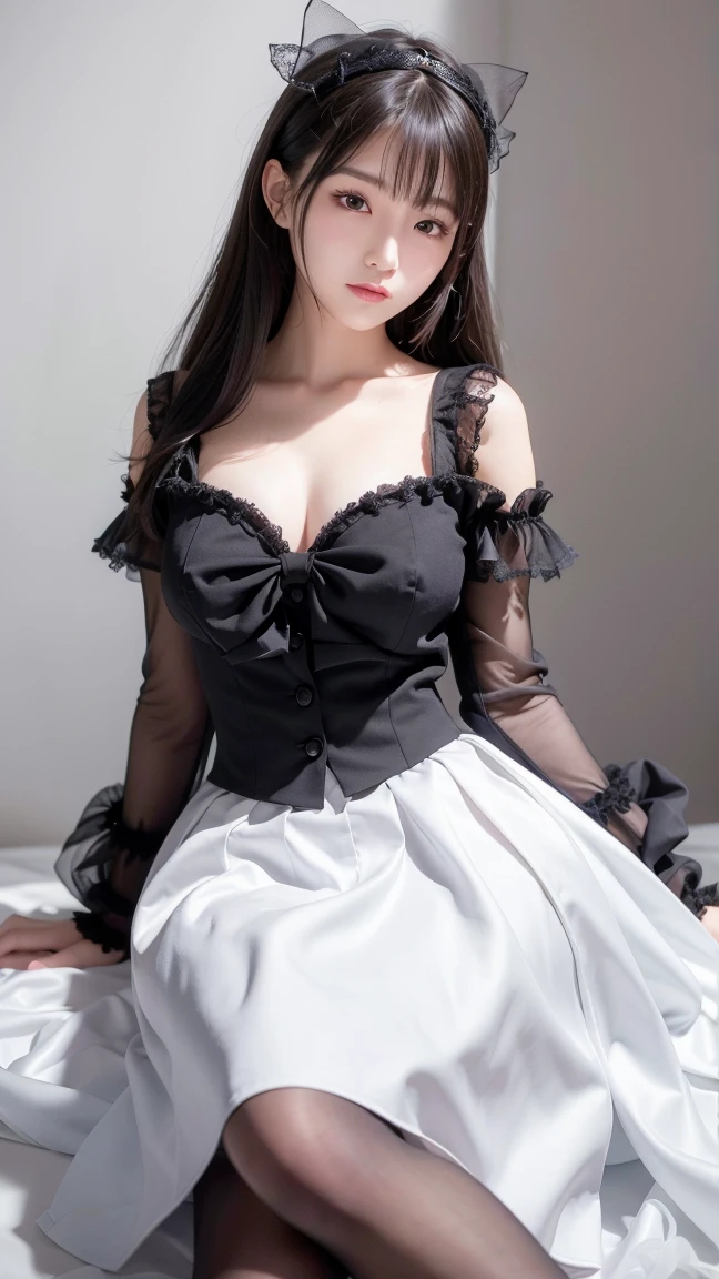 Nightmar, 1girl, 独奏, black hair, twintails, lolita fashion, lolita hairband (best quality, masterpiece:1.2), Extremely detailed, (Practical:1.37), beautiful, youth, Glamorous model, Warm colors, ((A full body perspective,Naturally bent knees,Skin is firm and smooth)), ((In the old-fashioned room,Sit on the edge of the bed,Lean back,Support your body with your elbows)), ((Elegant and natural posture)), (big eyes, Delicate eyes, Delicate lips, Delicate eyes), Available in white with floral pattern, Show a bright smile, fit, Full breasts, ((Big breasts)), Long legs, Create a stunning picture of a girl enjoying her sleep