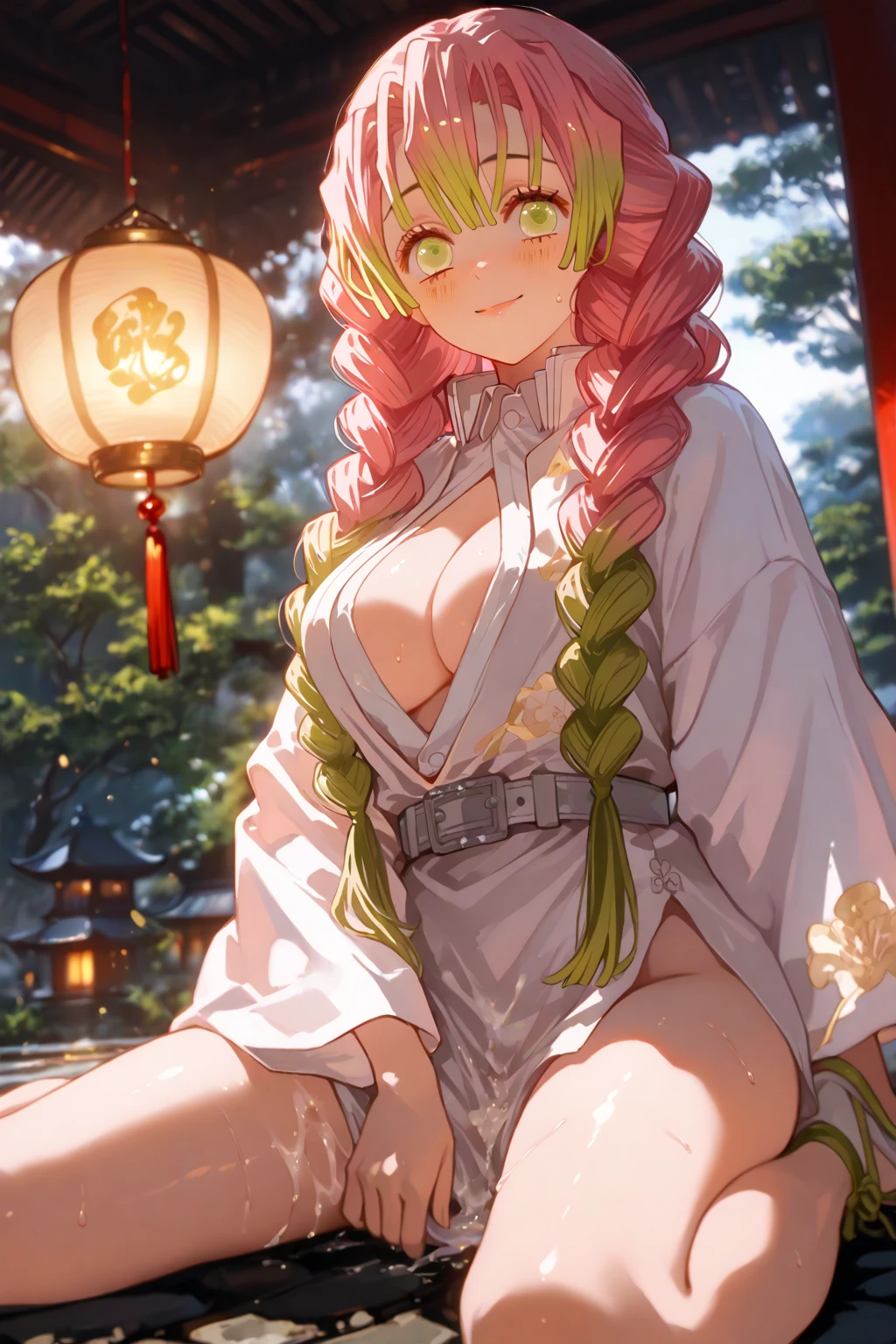 Sexy, Erotica, Hot springs, a 1girl, beautiful big breasts, rose hair, Bright green color at the ends of the hair, MitsuriKanroji,stands in full growth, (Body Full 1:1), Dazzling, smil, pectorals, In art: Demon Slayer, Demon Slayer Art Style, demon slayer rui fanart, badass anime 8 k, Demon Slayer, Anime Key Art, 4 k manga wallpapers, kimetsu no yaiba, anime wallaper, Ultra Transparent, Ultra Detailed, very extremely beautiful, anime epic artwork, Anime Art Wallpapers 8K, Local Art & epic composition, very extremely beautiful, beautiful breasts, old Japan, (tmasterpiece, beste-Qualit),