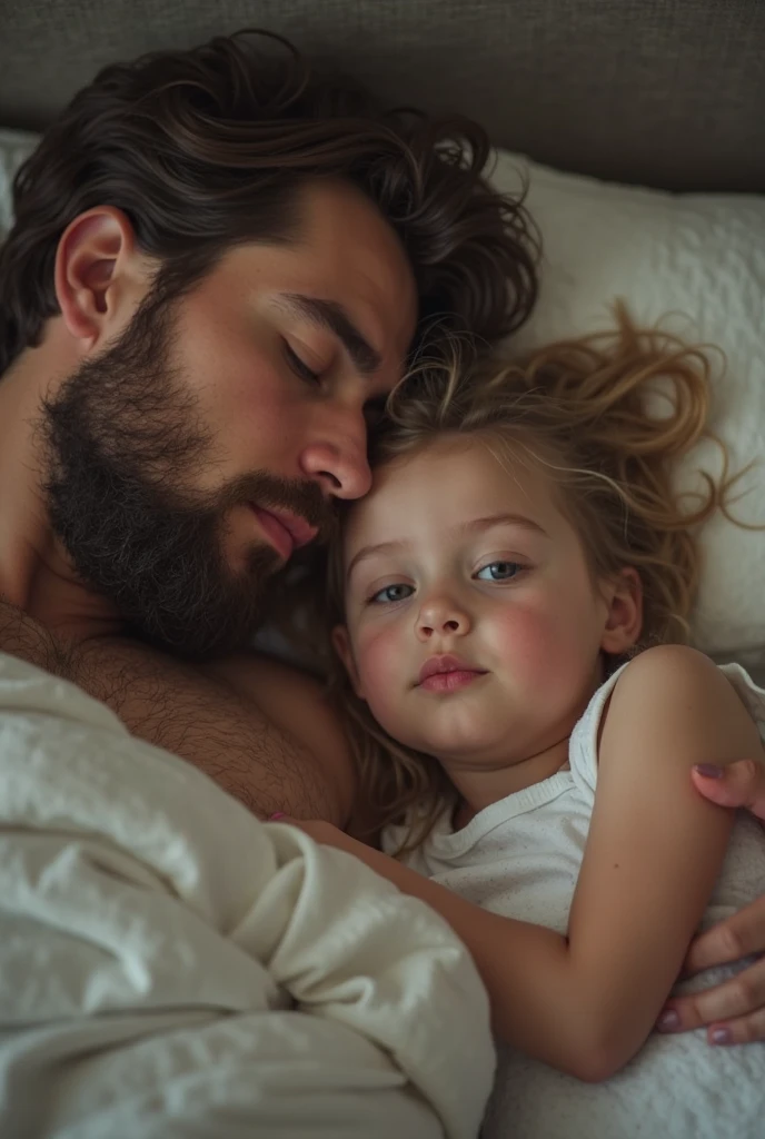 Realistic 4k image of a 30-year-old man, wavy hair, A haircut number 7 with a prominent beard lying on an elegant bed with 4 women and him in the middle, The girls are very beautiful and young, 18 years old, Photo taken from above, showing the front of the white bed, The man has slightly fair skin, slight features leading to the camera., (realista 4k), Instagram photo, textured skin