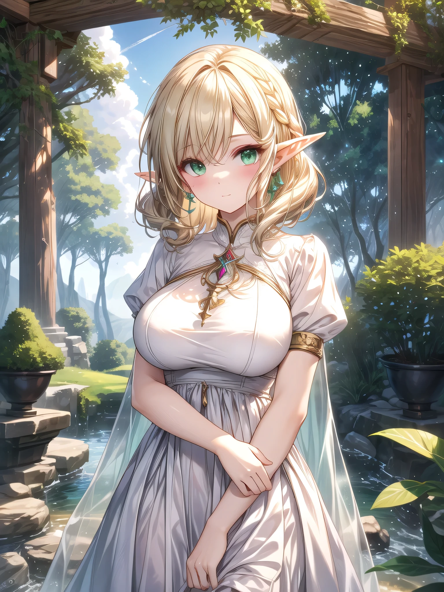 beautiful woman,Folk Girl,blonde with blue eyes,Twist,Wear a strapless wedding dress with no straps.,countryside,countryside,beautiful scenery,European Middle Ages,smile with teeth,forehead,forehead exposed,big tits,rift, (Elf Princess),(2 young women ,beautiful woman)
