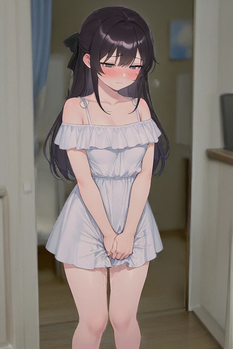 masterpiece, best quality, ultra-high-detailed, panties around ankles, panties pulled down, one pair of panties around ankles, 1girl, kazami kazuki, silver hair, long hair, purple eyes, sundress, standing, barefoot