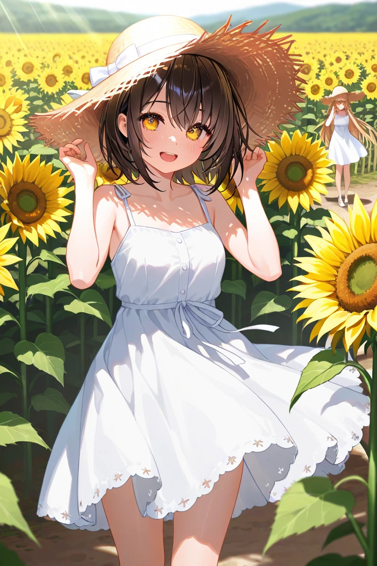 best quality, masterpiece, highres, solo, {morino_rinze_theidolmstershinycolors:1.15}, red_eyes, bangs, blush, black_hair, smile, blue_hair, short_hair, hair_ornament, closed_mouth, 1girl, flower, hat, looking_at_viewer, outdoors, purple_hair, sky, straw_hat, white_dress, dress, sundress, blue_sky, cloud, day, flower_field, sleeveless, sunflower
