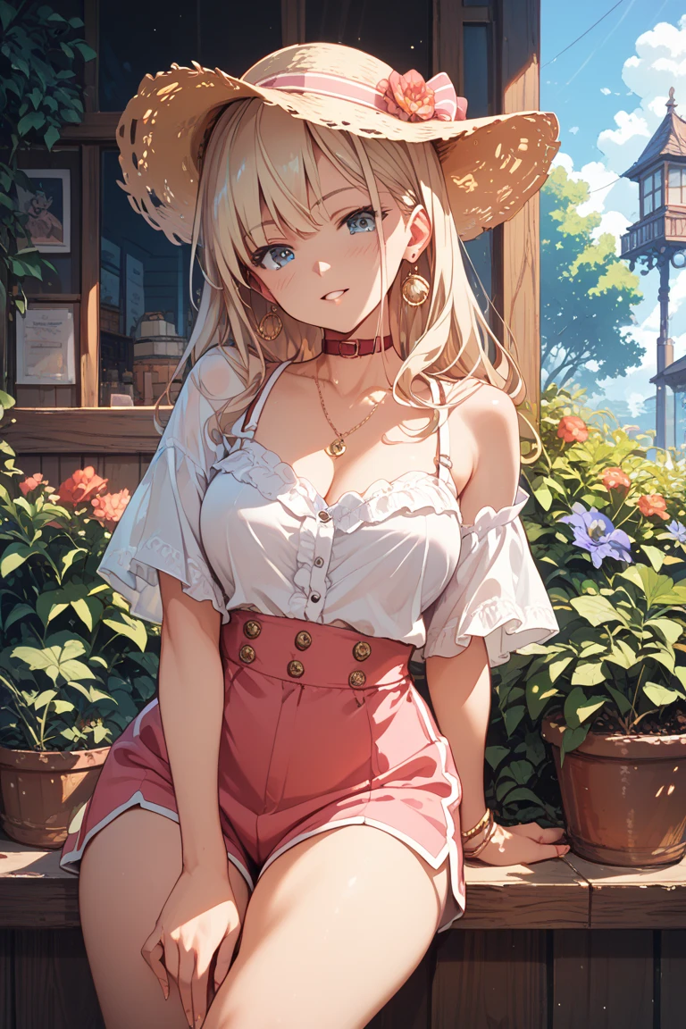 (masterpiece, best quality), 1girl, White lace blouse, pink A-line skirt, nude tights, and beige wedge sandals, Babe, Average Height, in shape, Round Face, Olive Skin, Blonde Hair, Gray Eyes, Wide Nose, Full Lips, Prominent Chin, Shoulder-Length Hair, Coarse Hair, Herringbone Braid, perky breasts, , lavender stain lipstick, Sparkling champagne, Partial coating of swirling liquid, Foggy coastal landscape