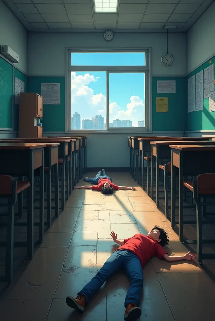 A classroom full of dead students on the floor. anime styling. The boys have hard cocks.