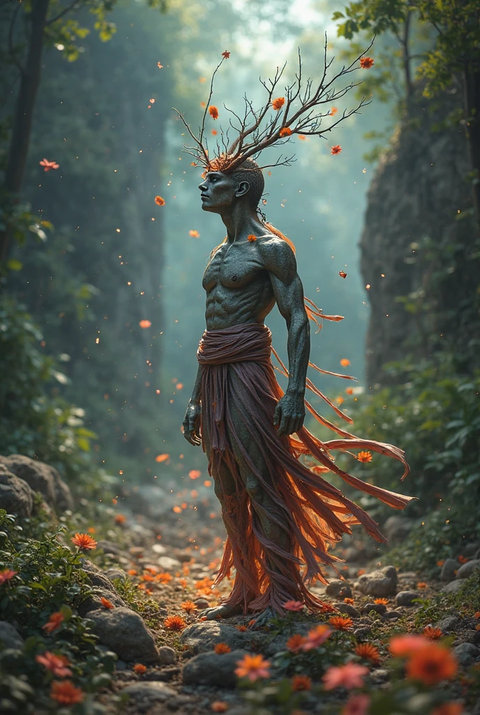 create a rooted human as if a tree was growing inside him and with a half-burnt body with orange clothes