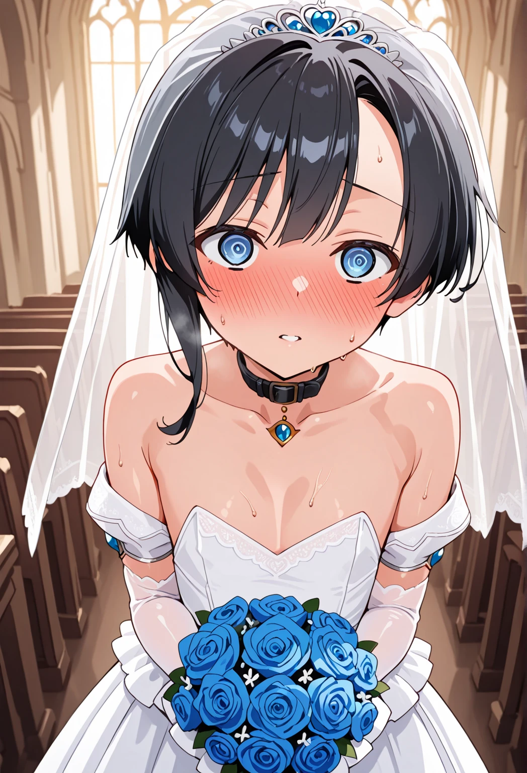 (The pieces fly, Highest quality, High resolution, Ticker, Pixel perfect, Depth of written border, In 4K),
1 girl, alone, (upon), Beautiful Anime,
View your viewers,
Perfect body,
Subjective Handjob, pussyfocus, Upper Body,
Ticker, short hair, Black Hair, Blue eyes, (Big Breasts),
smile, Open your mouth, tears, blush,
church,
Wedding dress, Strapless,
throw, From above,