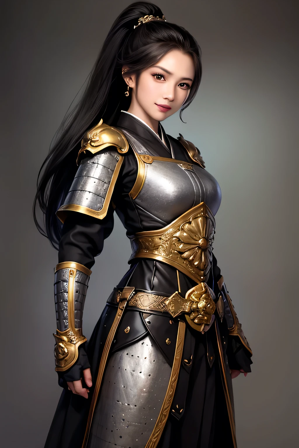 (masterpiece :1.2, Highest Quality ), Beautiful Illustrations , (natural side lighting, Movie Lighting), A woman wearing black armor and a black cloak, 1 person,Long Hair,Disconnect , Thin Waist High Definition Face and Skin Textures, Staring at the Camera , perfect beauty: 1.4, fine particles, double eyelids, Whitening, Highest Quality , super high resolution,simple background, Chinese warrior ,Martial Arts, simple background , very detailed,Beautiful female warrior、ponytail、standing in the teacher's house、Smile、 (masterpiece :1.2, Highest Quality ), Beautiful Illustrations , (natural side lighting, Movie Lighting), A woman wearing black armor and a black cloak, 1 person,Long Hair,Disconnect , Thin Waist High Definition Face and Skin Textures, Staring at the Camera , perfect beauty: 1.4, fine particles, double eyelids, Whitening, Highest Quality , super high resolution,simple background, Chinese warrior ,Martial Arts, simple background , very detailed,Beautiful female warrior