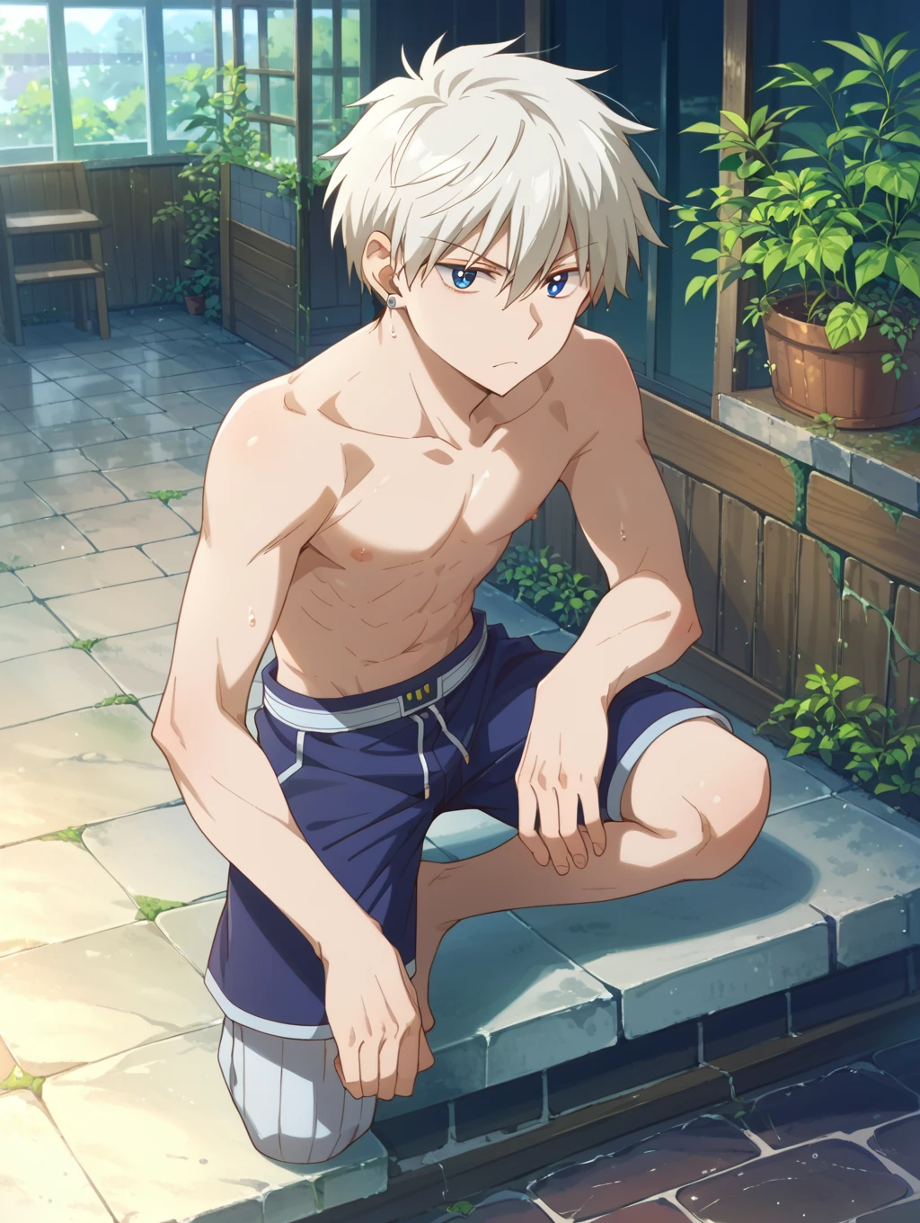 (Anime style+Soft cute)Cute and effeminate boy,white color hair,solo,barefoot,swimsuit,open clothes,highres,original,anatomically correct,super detail